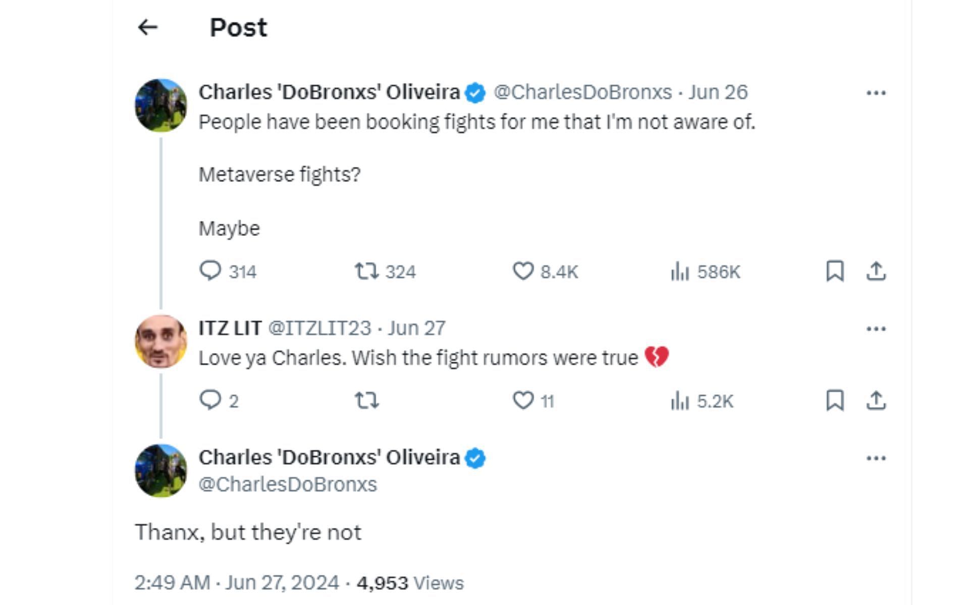 Screenshot of Oliveira&#039;s exchange with a fan on X