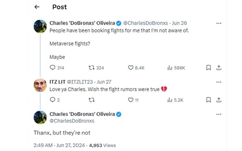 Screenshot of Oliveira's exchange with a fan on X