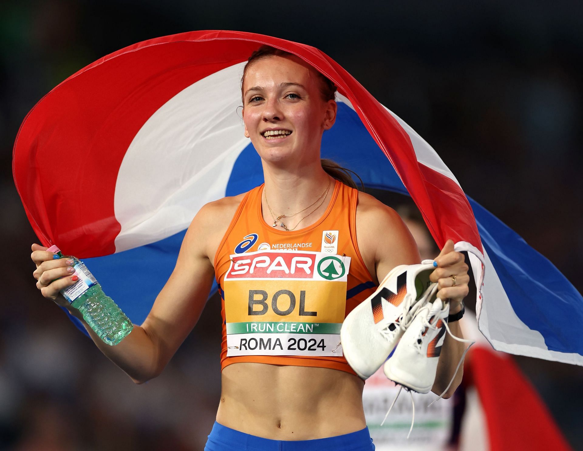 Femke Bol celebrates after winning in the Women&#039;s 400m Hurdles Final at the European Athletics Championships 2024 in Rome, Italy.