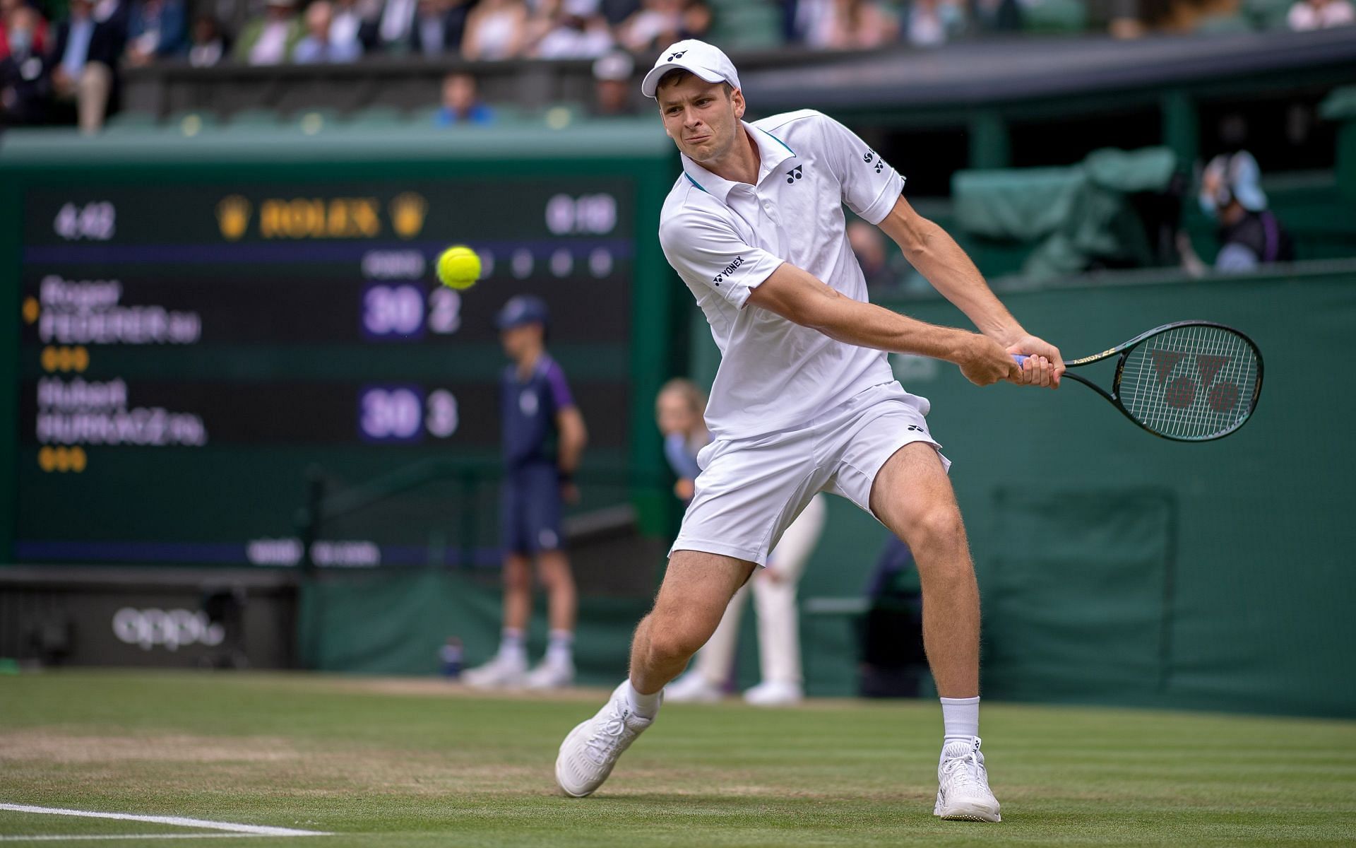 Hubert Hurkacz during his encounter 2021 Wimbledon encounter at Roger Federer.