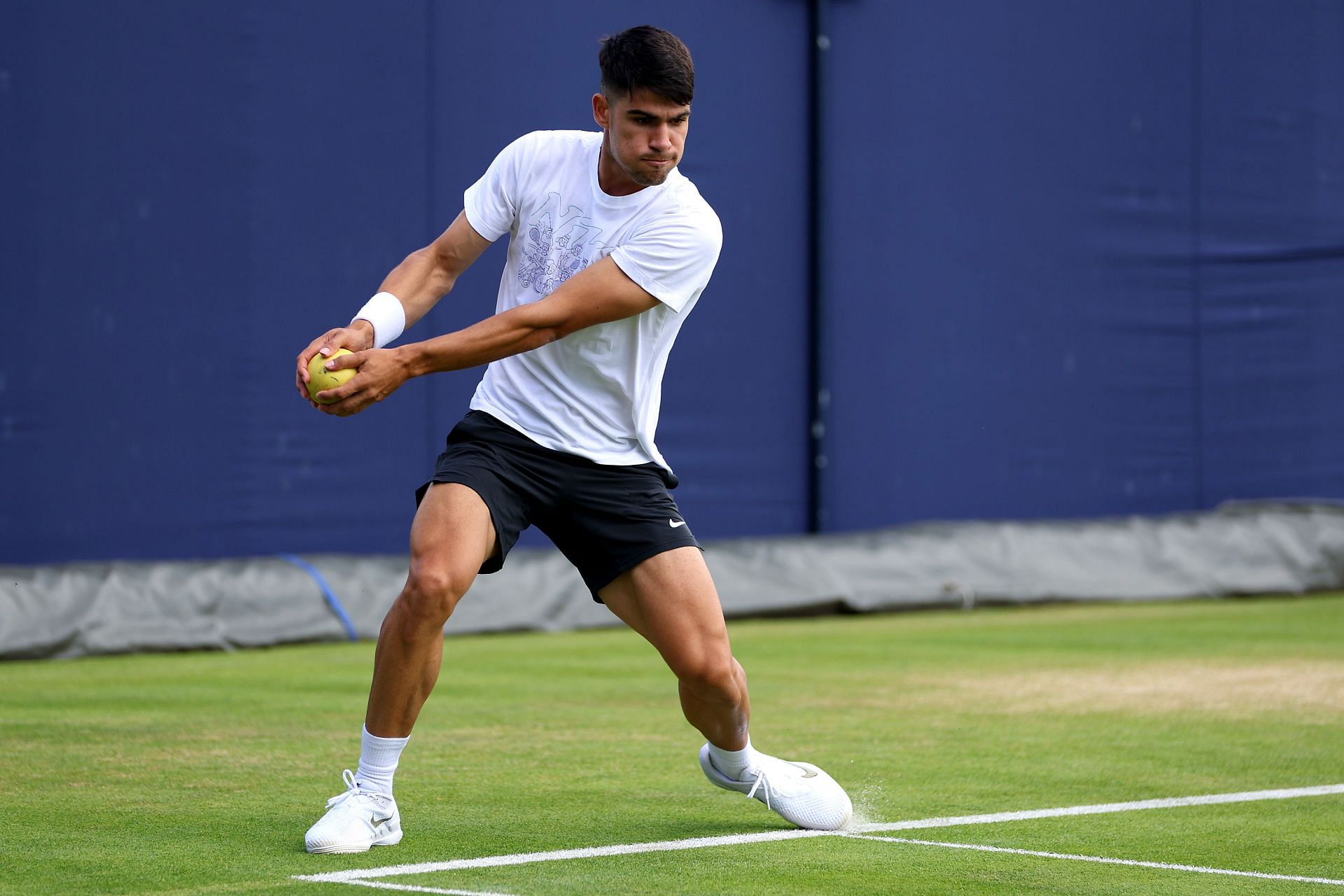 Carlos Alcaraz during a practice session ahead of the 2024 Cinch Championships in Queen&#039;s