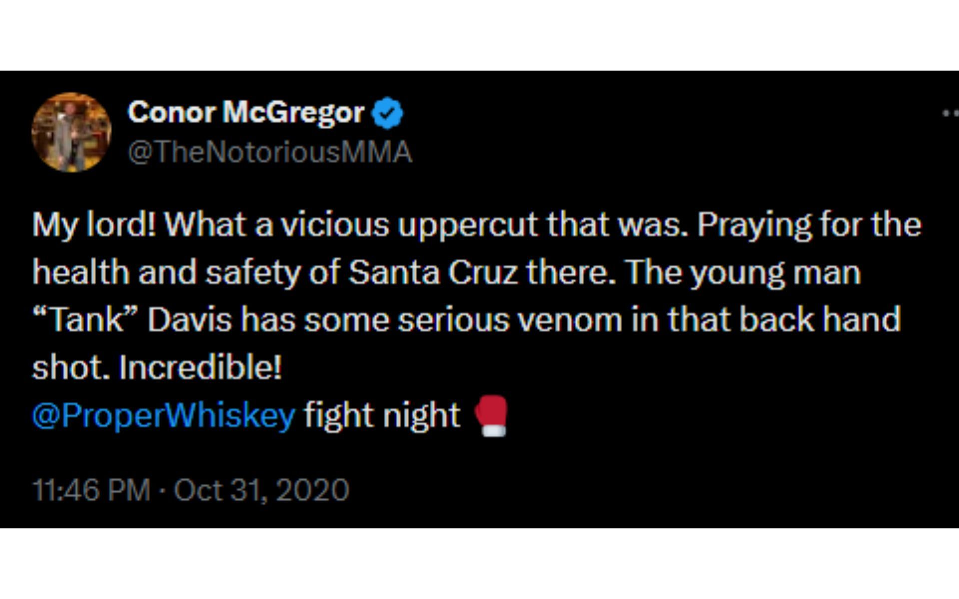 McGregor&#039;s tweet regarding Davis [Image courtesy: @TheNotoriousMMA - X]