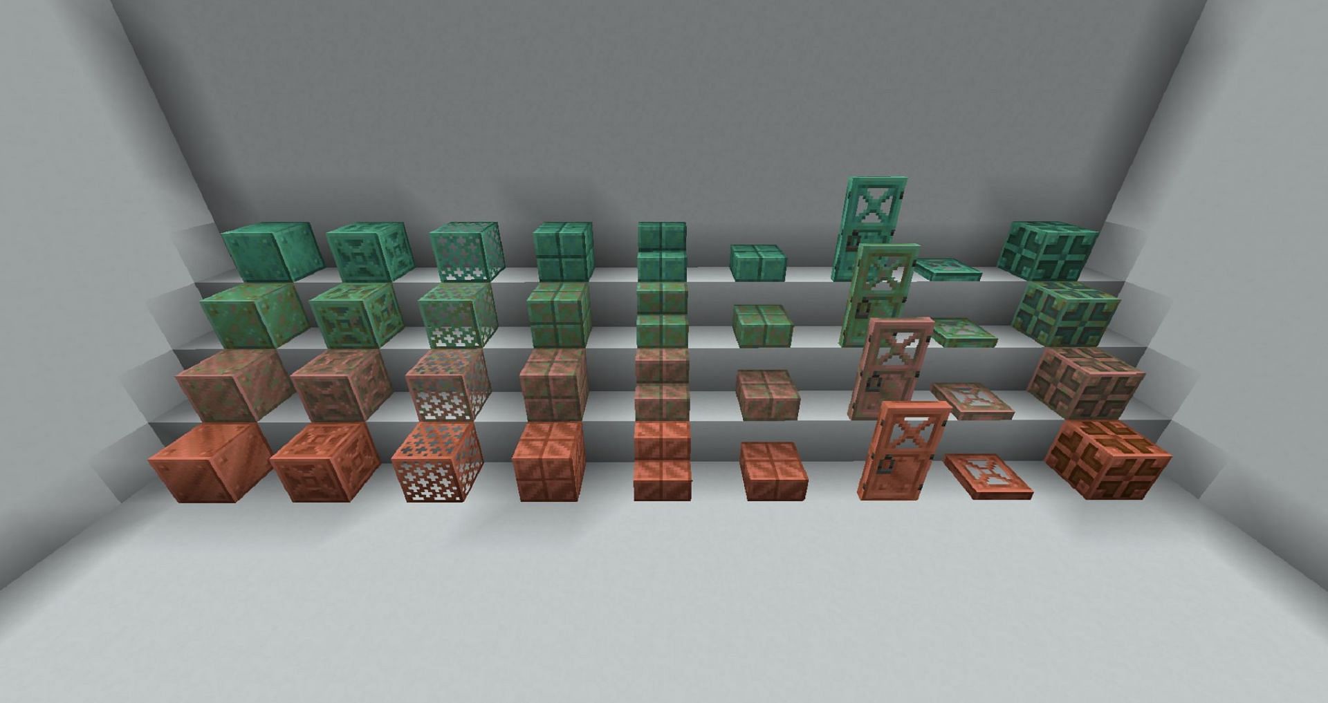 Minecraft 1.21&#039;s new copper block variants at all their stages of oxidation (Image via Mojang)