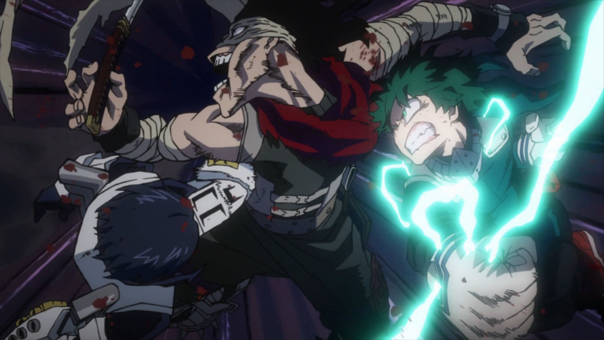 Deku (right) and Iida (left) are seen landing the final blow on Stain (center) in the anime (Image via BONES)