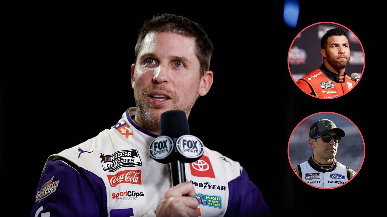 23XI Racing co-owner Denny Hamlin interacts with media regarding the feud between Aric Almirola and Bubba Wallace. (Picture Credits - Getty)