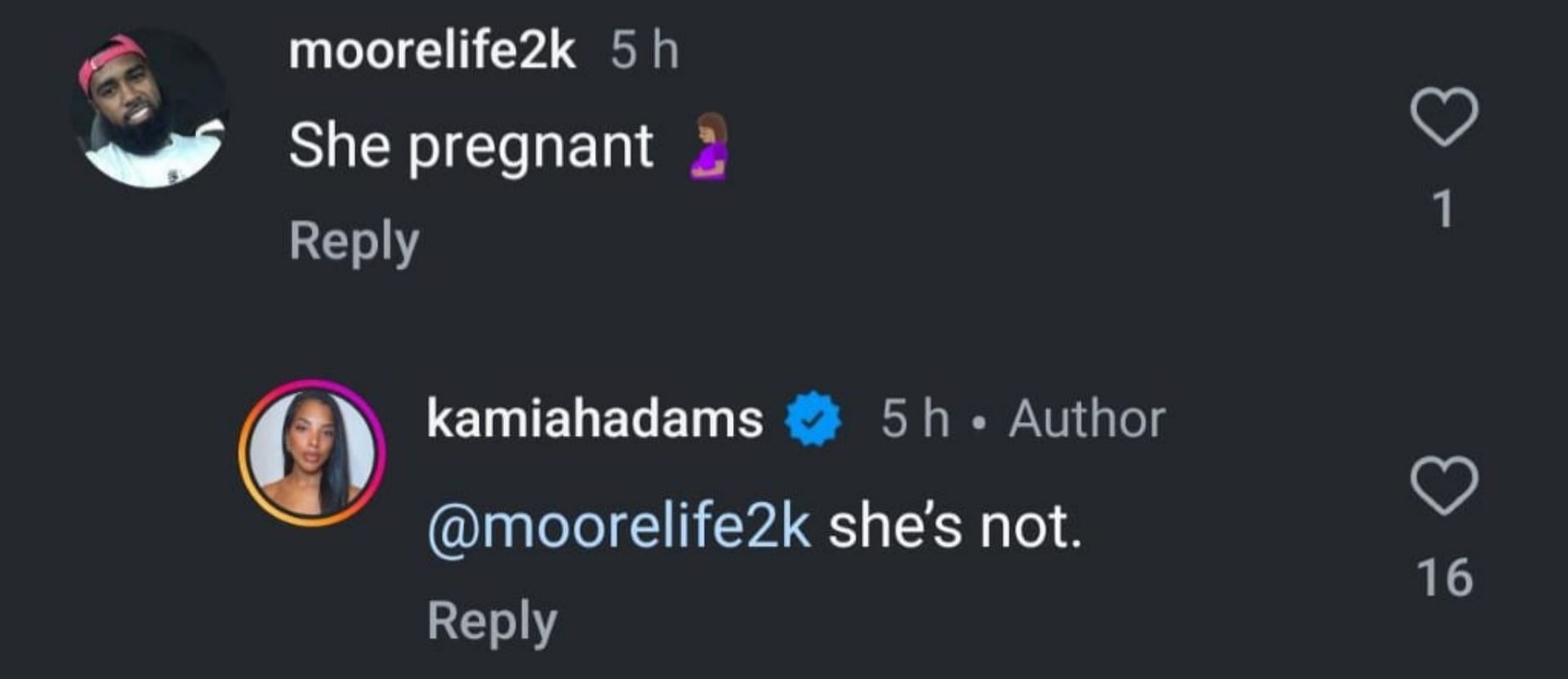 Kamiah Adams responds to a fan who said she was pregnant.