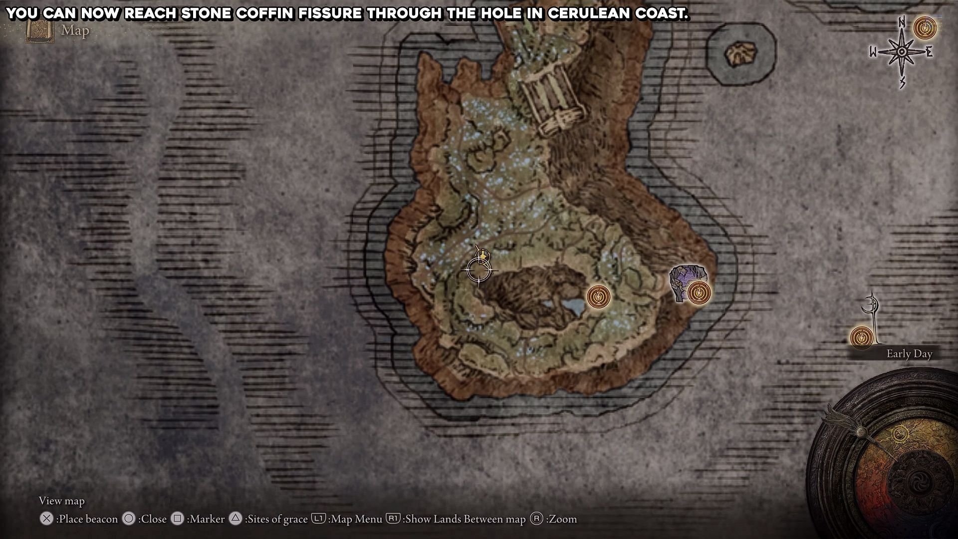 The map location for Stone Coffin Fissure (Image via FromSoftware/YouTube: 100% Guides)