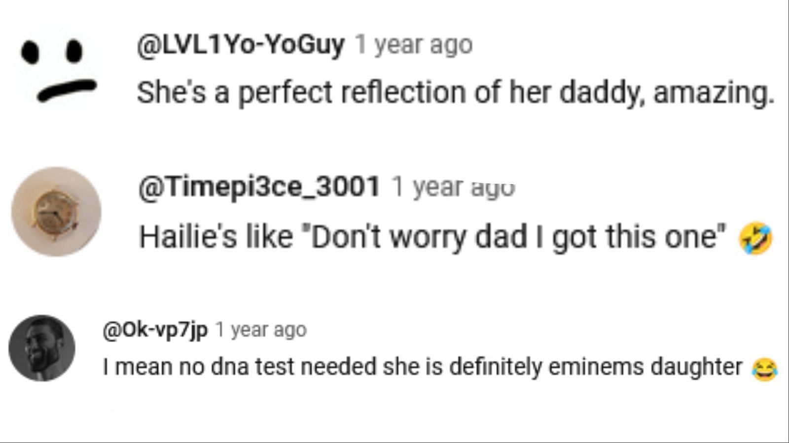 Fans reacted to Hailie&#039;s response to Houdini (Image via YouTube / @LVL1Yo-YoGuy / @Timepi3ce_3001 / @Ok-vp7jp)