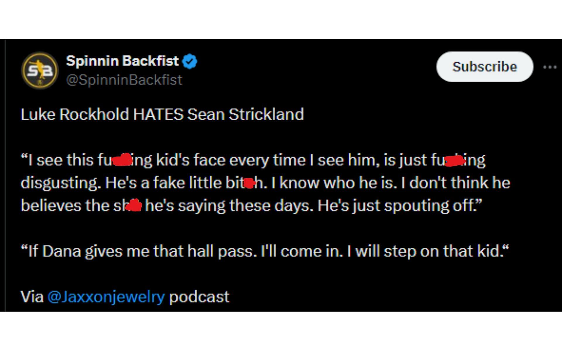 Tweet regarding Rockhold&#039;s comments about Strickland [Image courtesy: @SpinninBackfist - X]