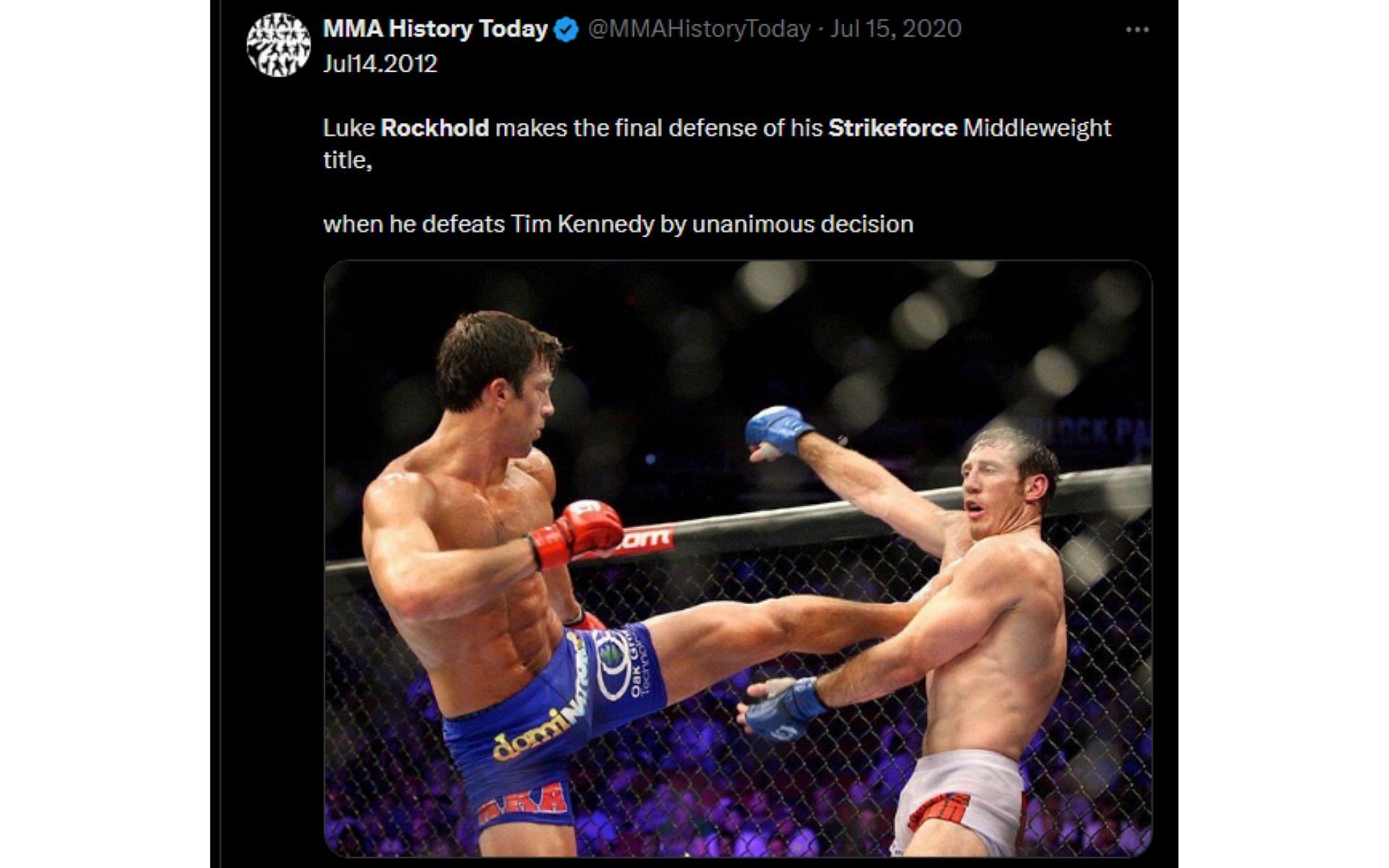 Tweet regarding Rockhold&#039;s Strikeforce middleweight championship win [Image courtesy: @MMAHistoryToday - X]