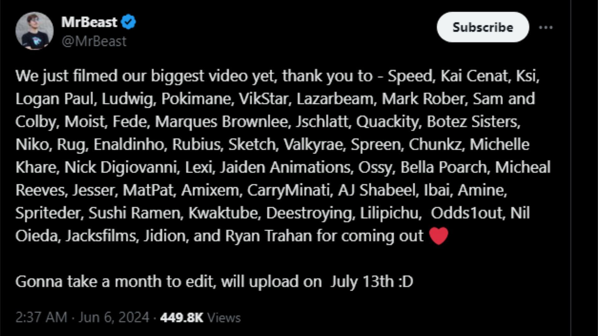 MrBeast reveals list of streamers in upcoming video (Image via X/@MrBeast)