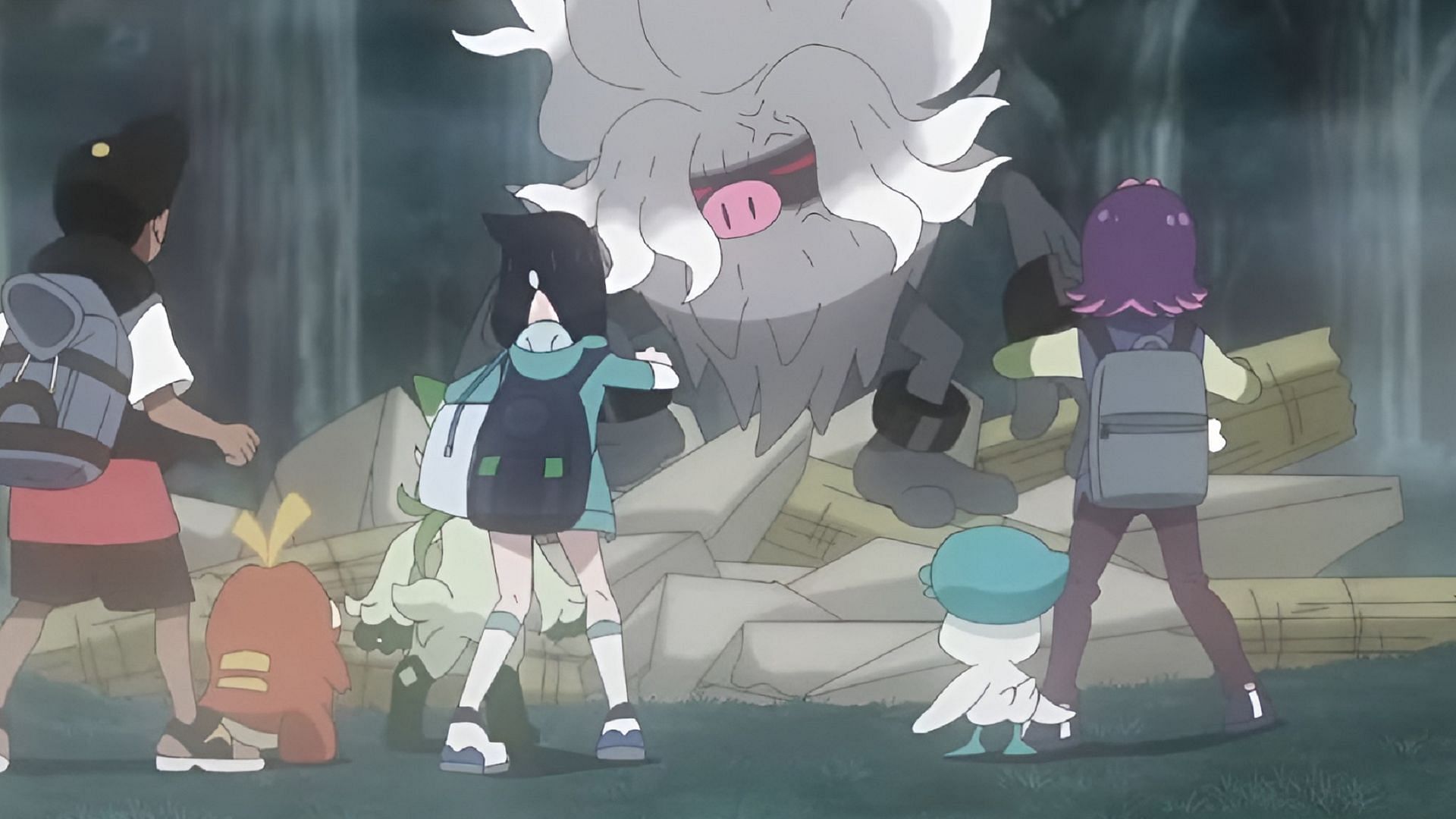 Annihilape attacks our Pokemon Horizons heroes deep in the forest (Image via The Pokemon Company)