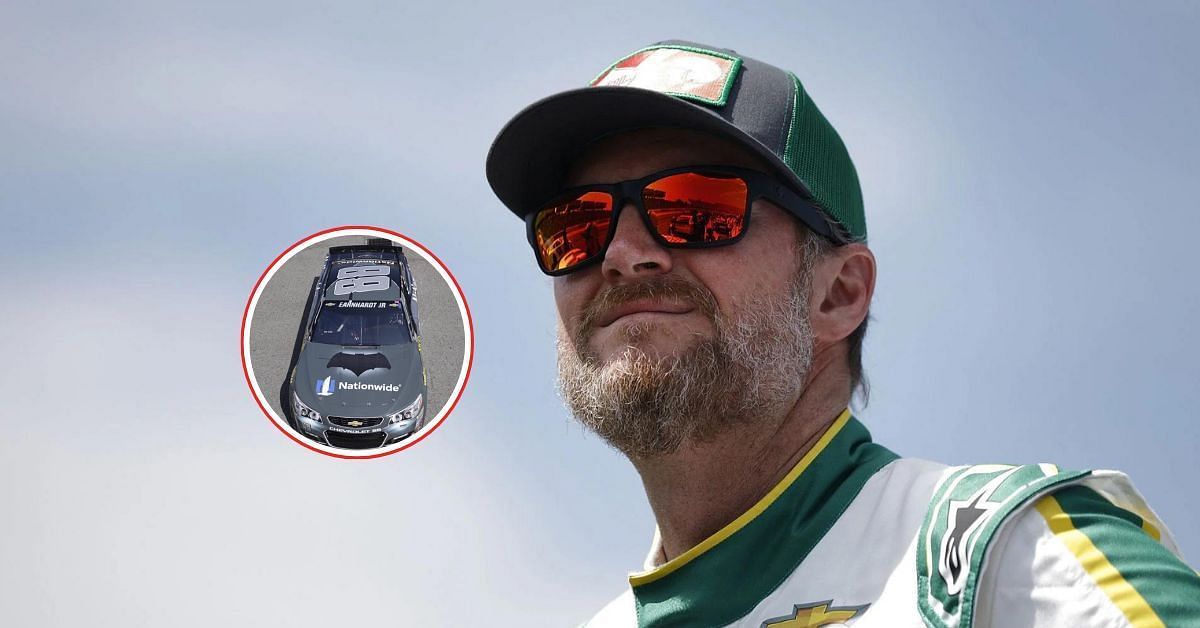 Dale Earnhardt Jr. ponders on his decades old win in Batman-themed car at Michigan International Raceway (Image: Getty and Dale Jr. on Facebook)
