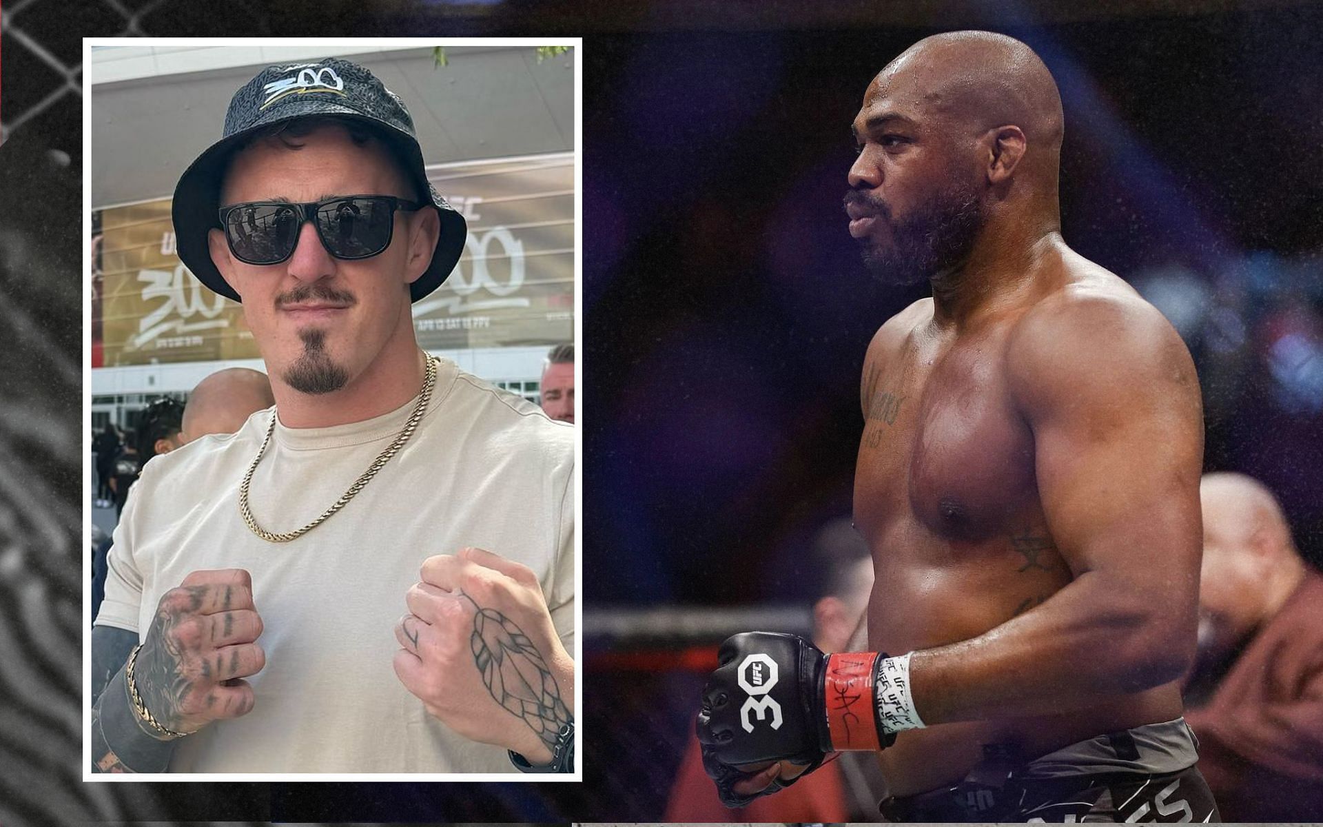 Tom Aspinall (inset) opens up on his viral incident with Jon Jones (right). [Image courtesy: @tomaspinallofficial on Instagram; Getty Images] 