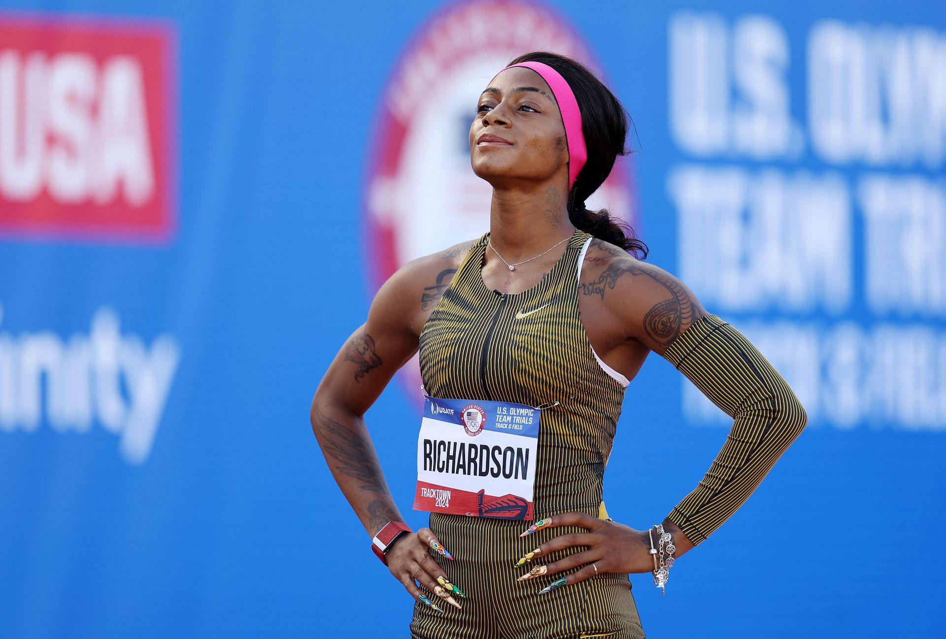 Sha&#039;Carri Richardson looks on ahead of competing in the women&#039;s 100 semi-final at the 2024 U.S. Olympic Team Track &amp; Field Trials at Hayward Field on June 22, 2024 in Eugene, Oregon (Getty Images)