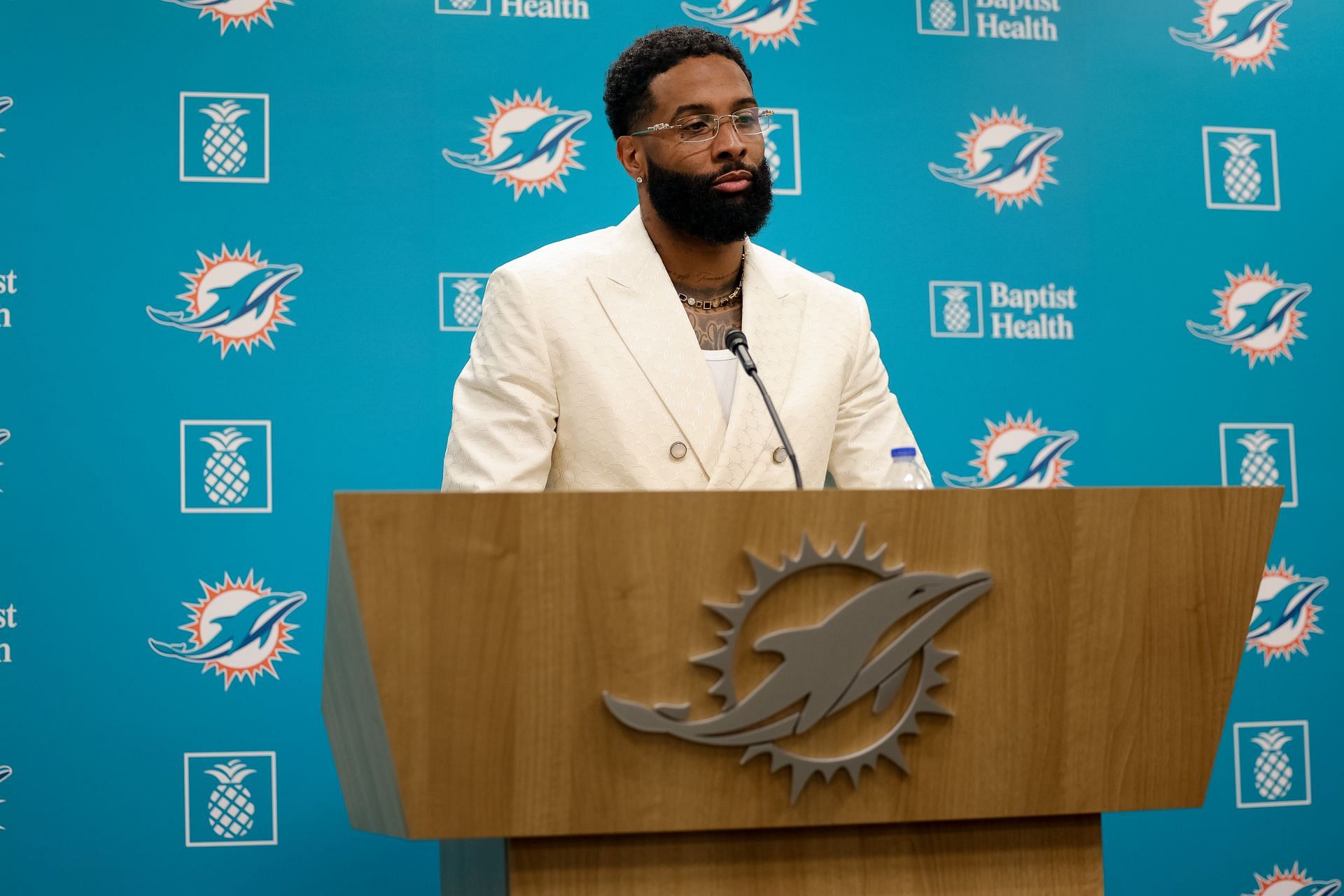 Odell Beckham Jr. of the Miami Dolphins meets the media