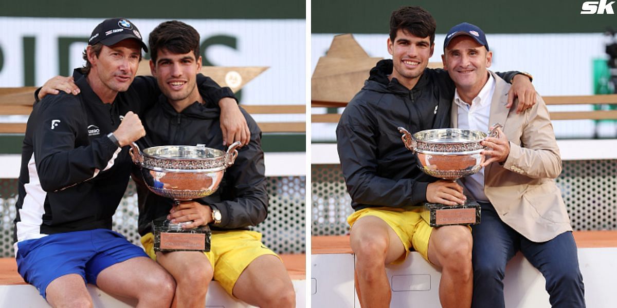 Carlos Alcaraz with Juan Carlos Ferrero (L) and Alcaraz with his agent Albert Molina (R) [Source: Getty Images]