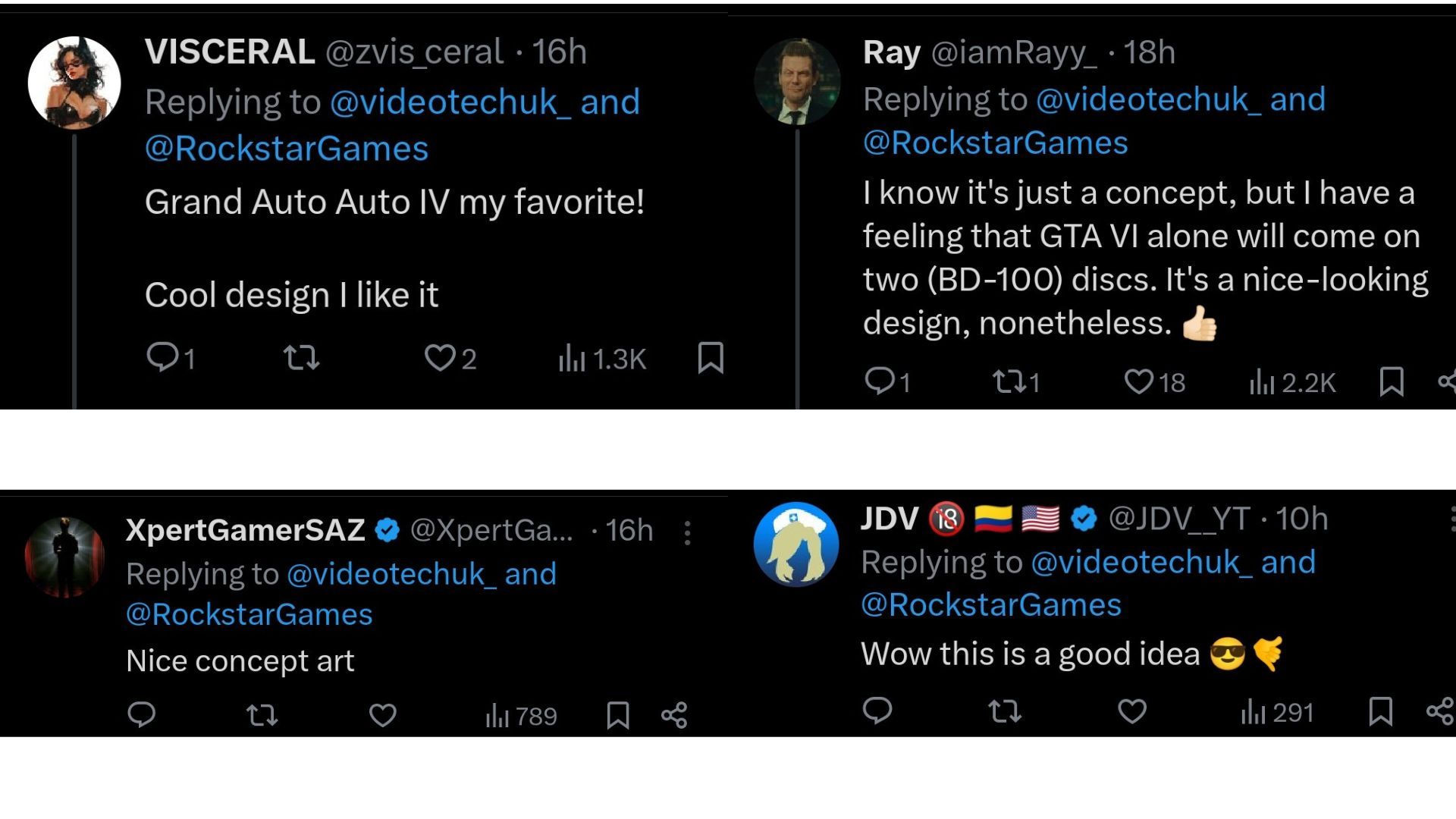 A collage of different comments on @videotechuk_ &#039;s post of GTA Trilogy HD era concept (Image via X)