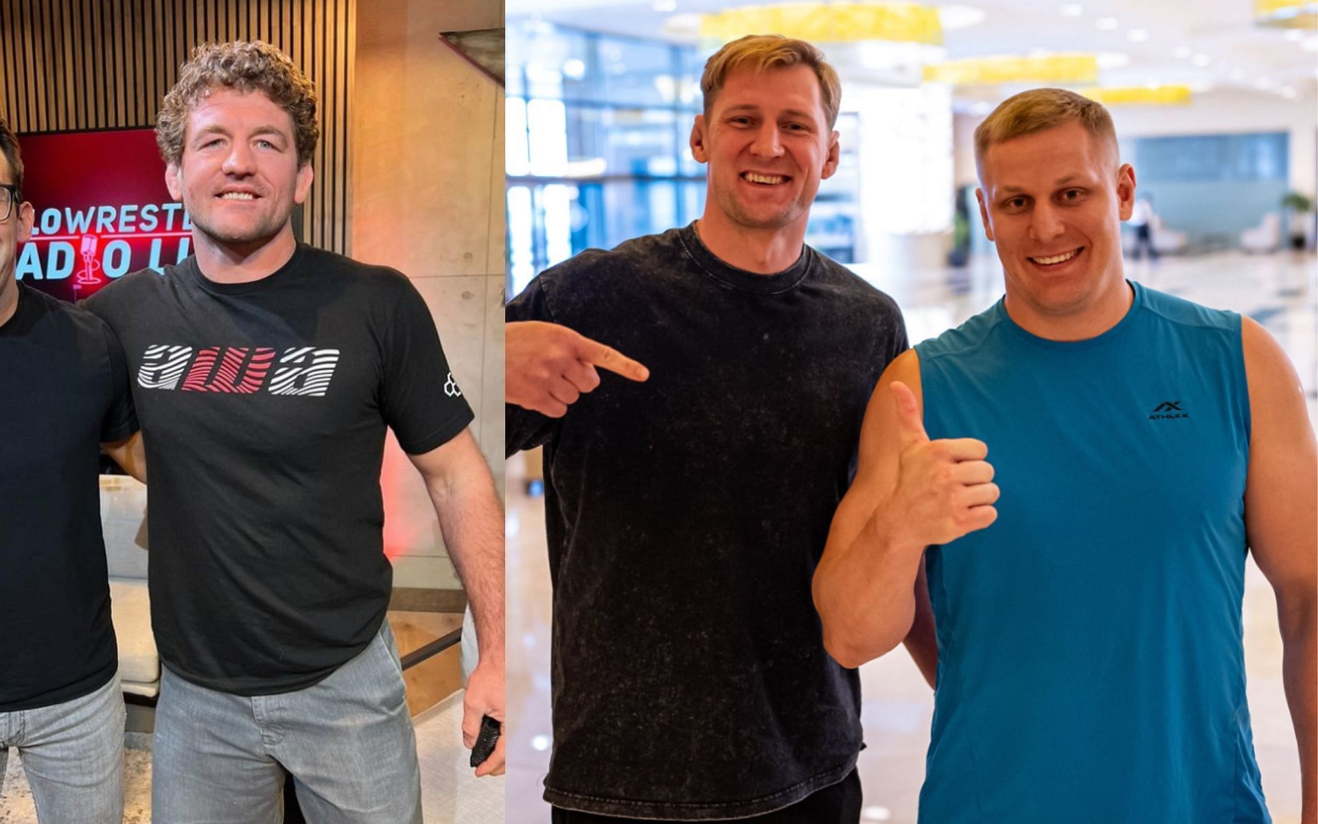 Ben Askren (left) made a hilarious take on the photo of Alexander Volkov and Sergei Pavlovich (right). [Image credit: @benaskren on Instagram, @mma_orbit on X]