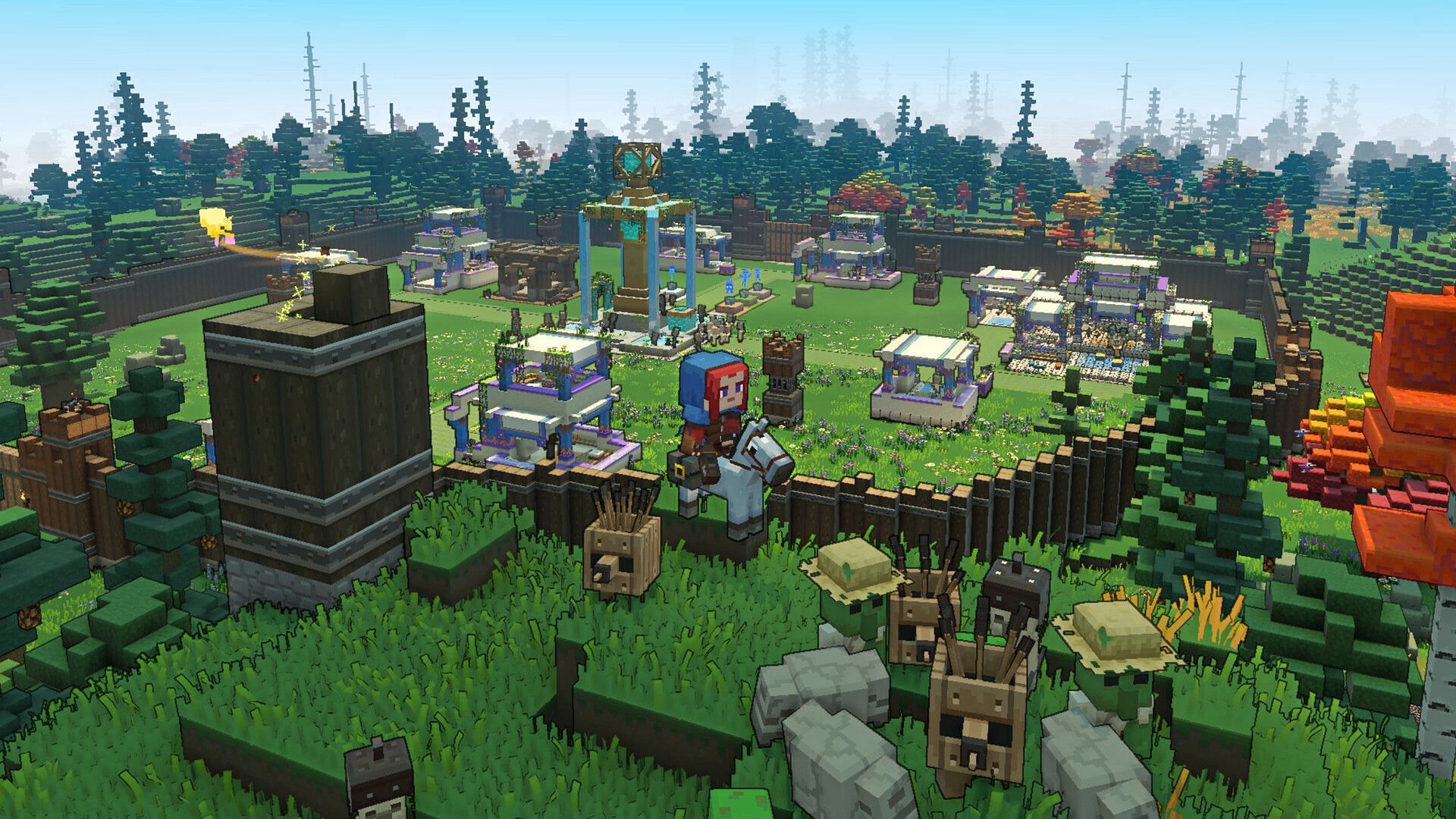 Building in Minecraft Legends is essentially relegated to spawning pre-fab structures. (Image via Mojang)