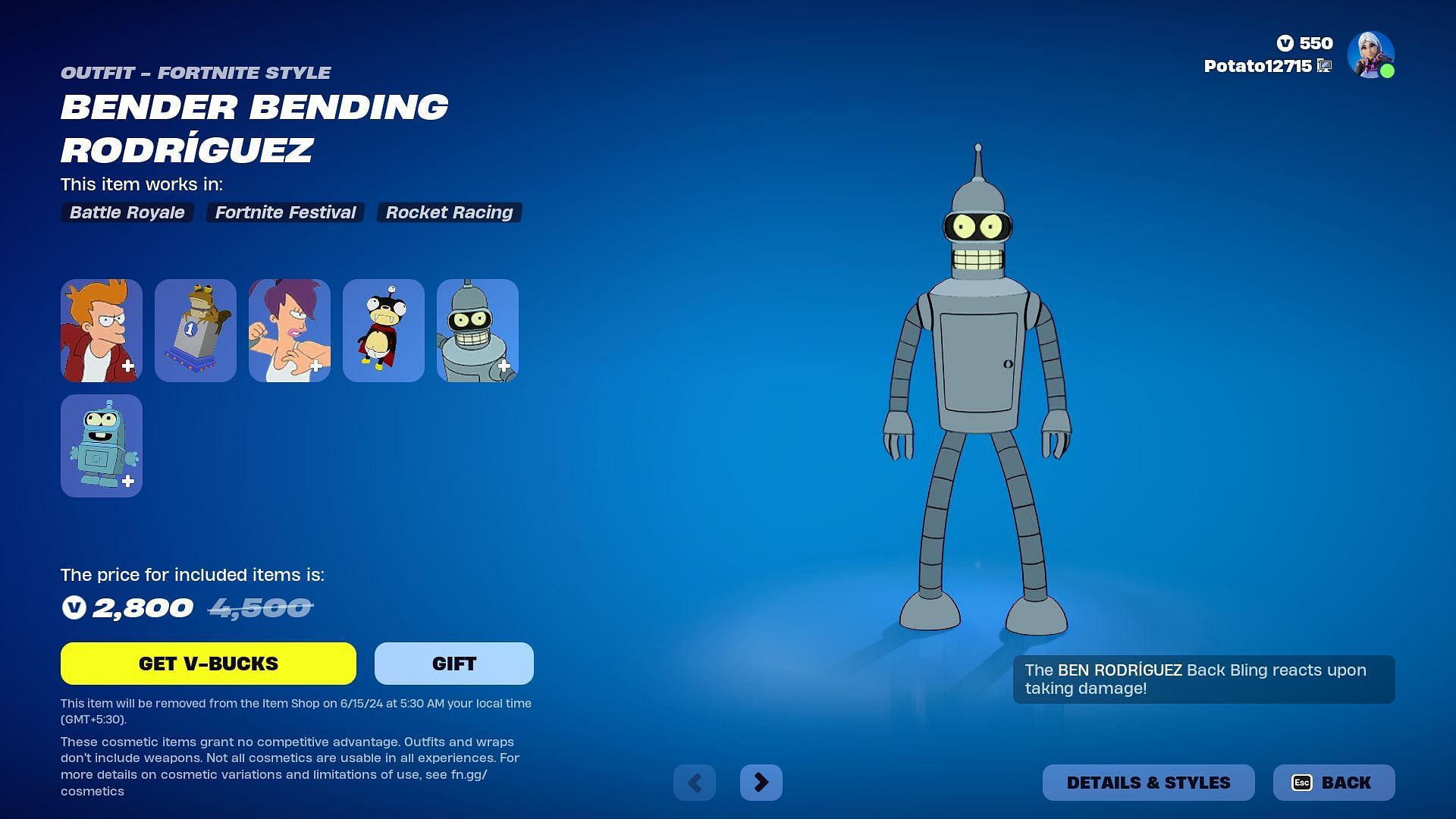 Philip J. Fry, Turanga Leela, and Bender Bending Rodriguez (Futurama) skin in Fortnite will remain listed until June 15, 2024 (Image via Epic Games)