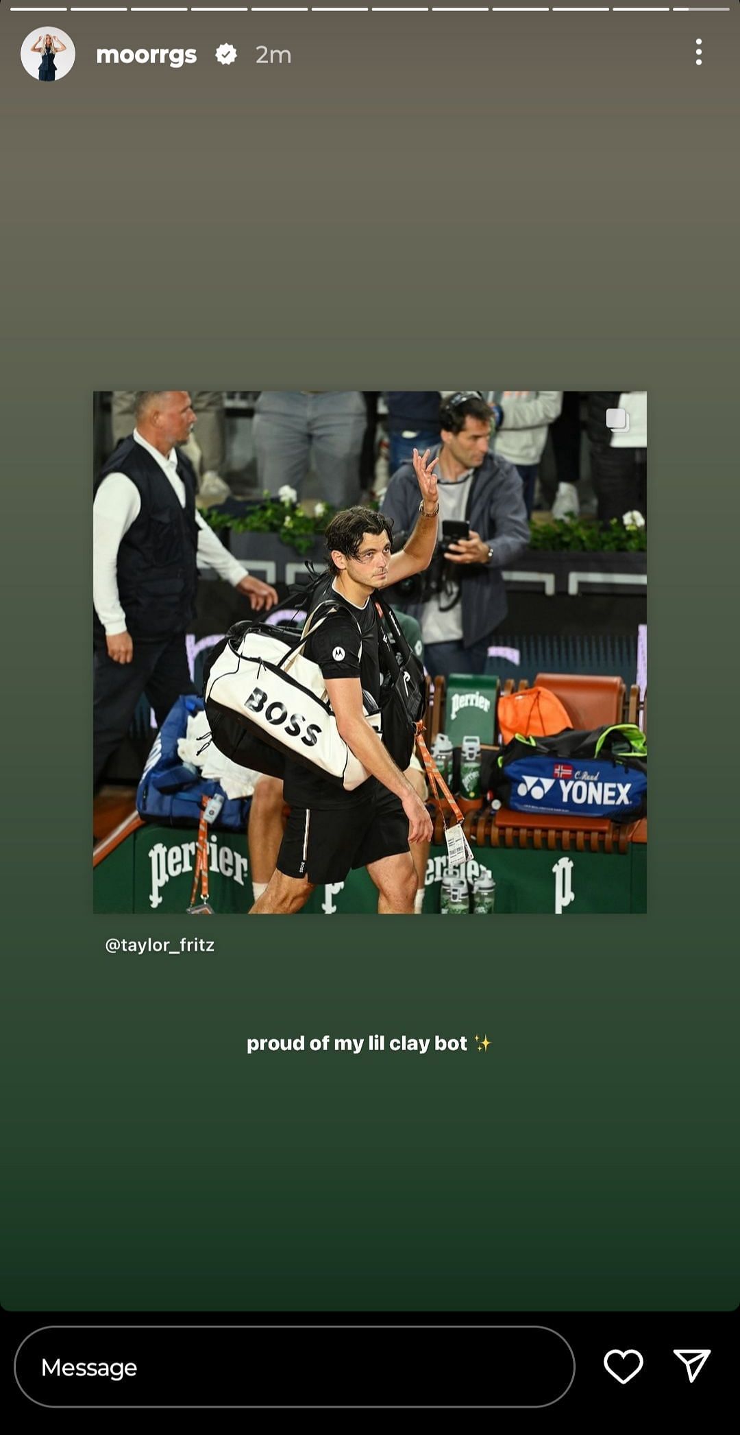 Riddle expressing pride over boyfriend Fritz&#039;s run to the fourth-round of the French Open (Source: Instagram/Morgan Riddle)