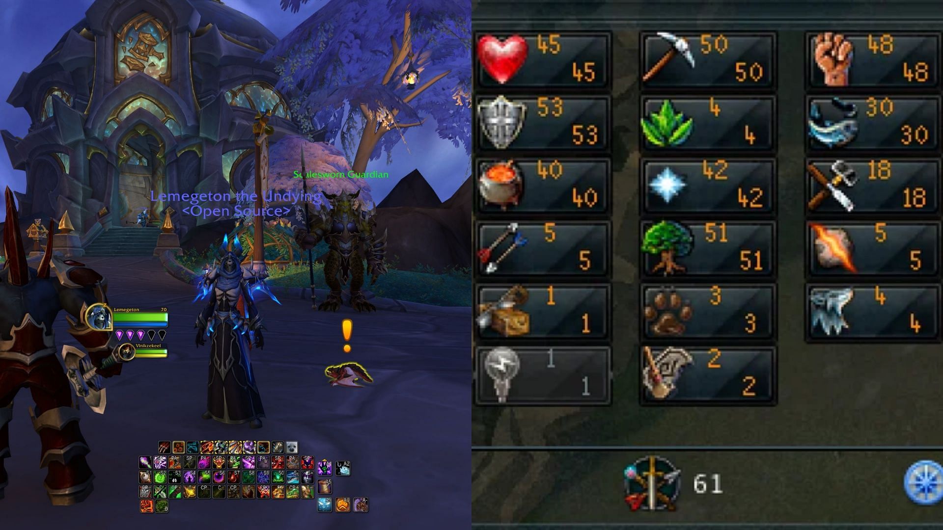 Each class has its own skill set in WoW compared to one for everyone in RS/OSRS. (Image via Blizzard || Jagex)