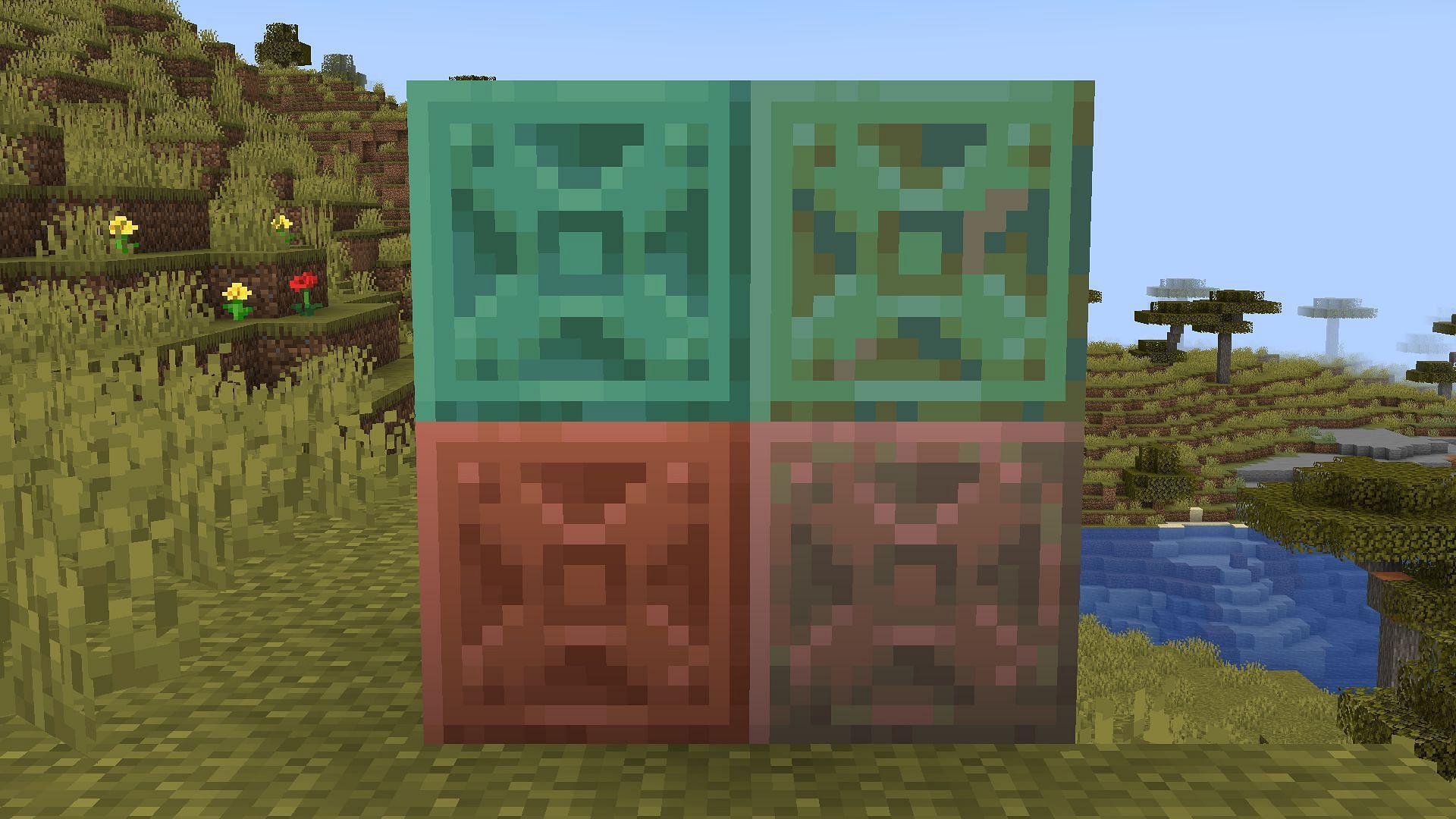 The different oxidation levels of chiseled copper blocks (Image via Mojang)