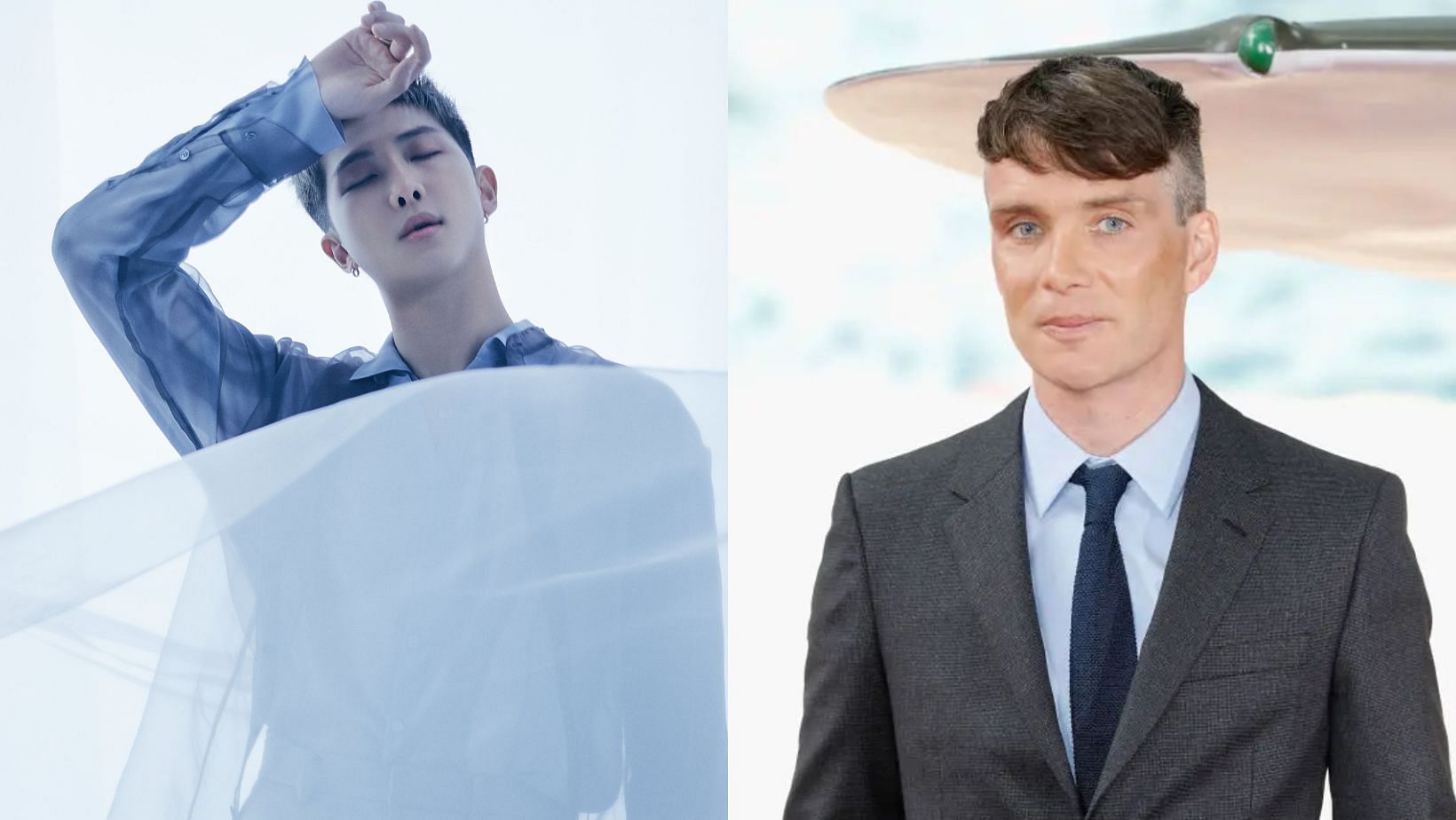 Cillian Murphy adds BTS Namjoon&rsquo;s &lsquo;Domodachi (feat. Little Simz)&rsquo; to his Spotify Summer Session playlist. (Images via X/@BIGHIT_MUSIC and GETTY/Tristan Fewings / Stringer)