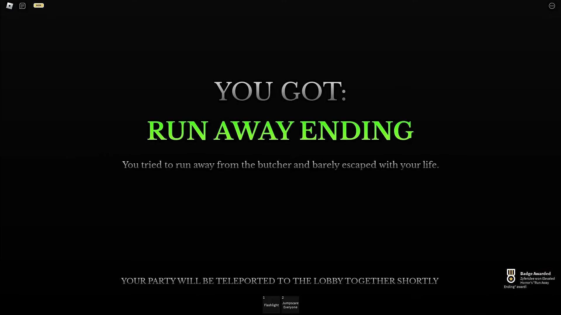 The Run Away ending screen (Image via Roblox || Zyfericlee on YouTube)