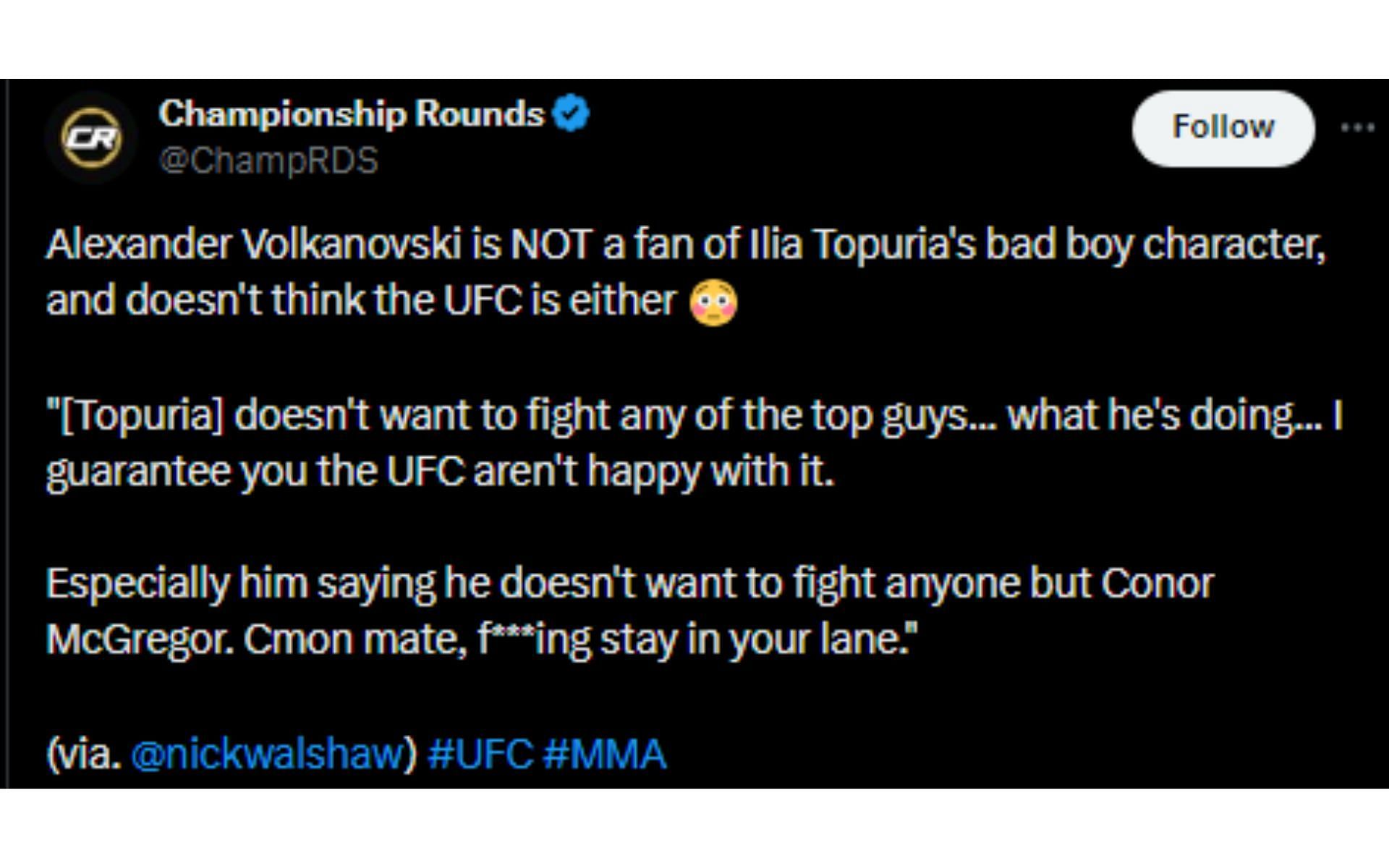 Tweet regarding Volkanovski&#039;s comments about Topuria [Image courtesy: @ChampRDS - X]