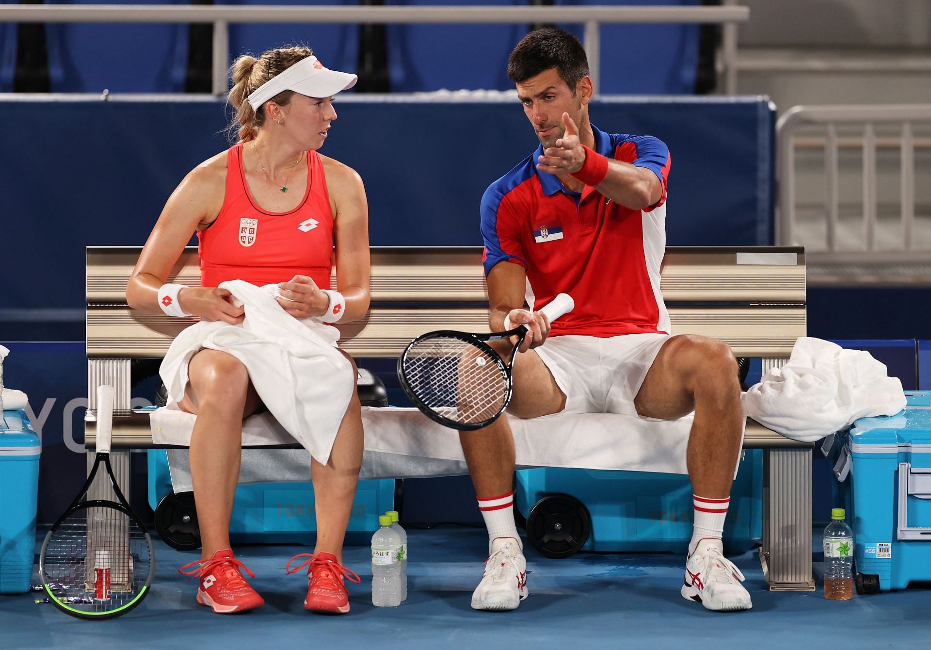 Nina Stojanovic (L) and Novak Djokovic (R) at the Tokyo Olympics