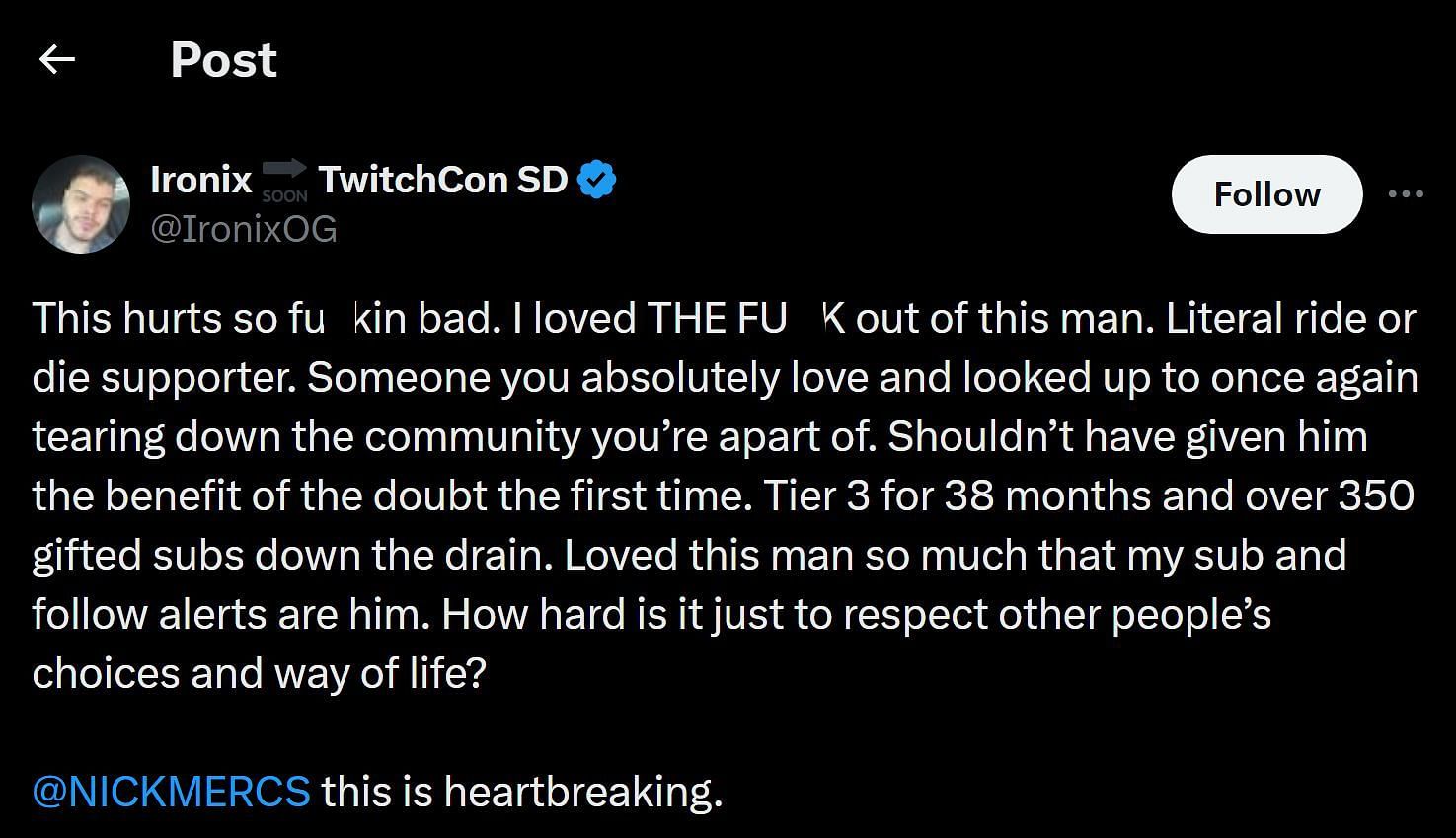 Fan&#039;s comment about the streamer (Image via @IronixOG/X)