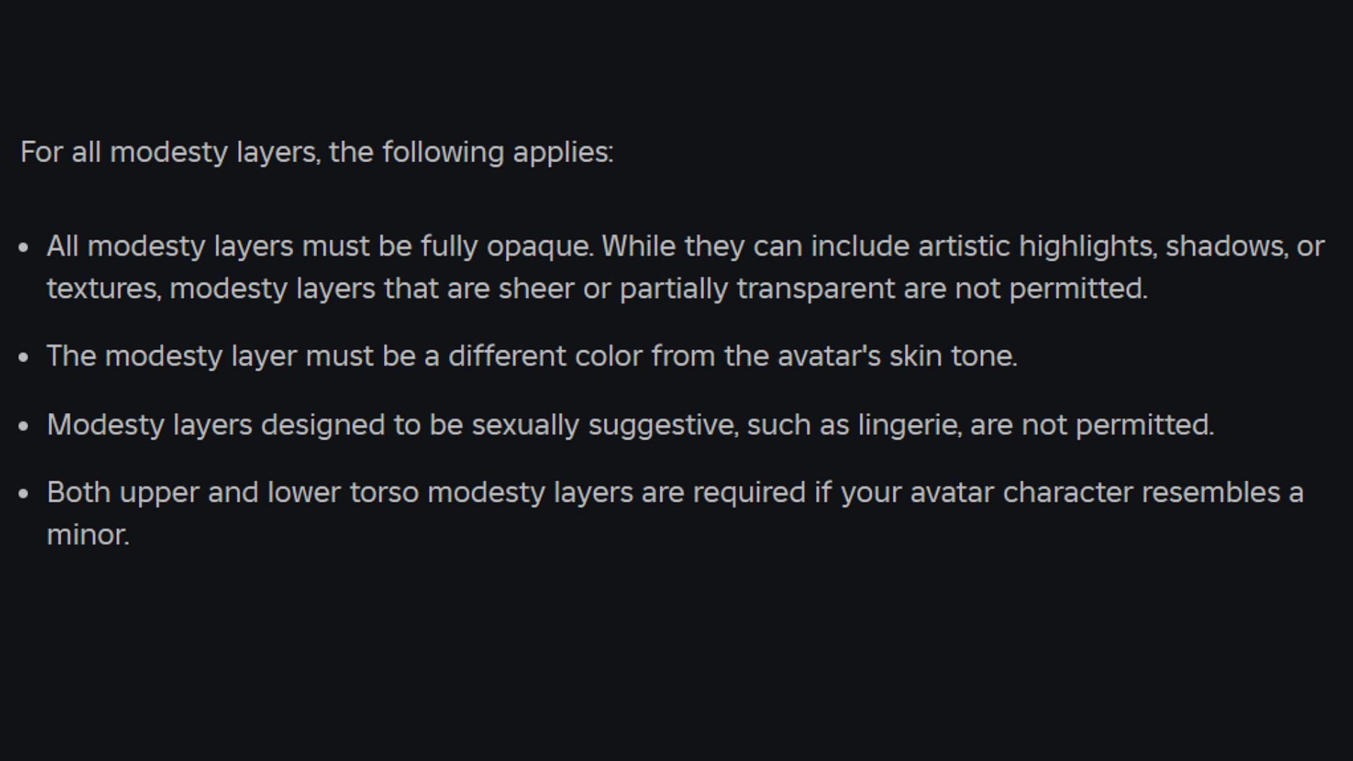 The rules require the character avatar&#039;s modesty layer to be fully opaque (Image via Roblox)