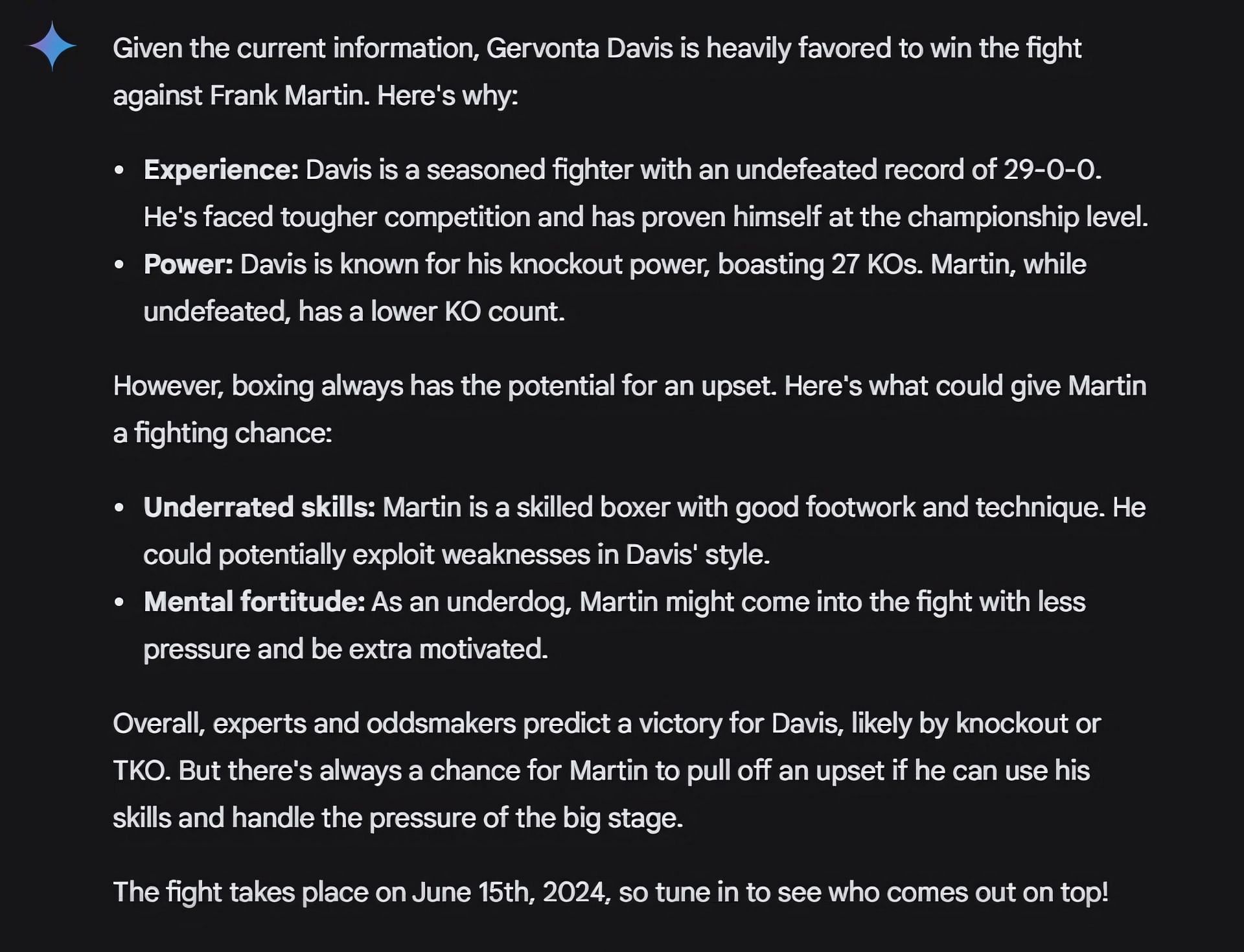 Google AI&#039;s prediction of the Davis vs. Martin boxing match