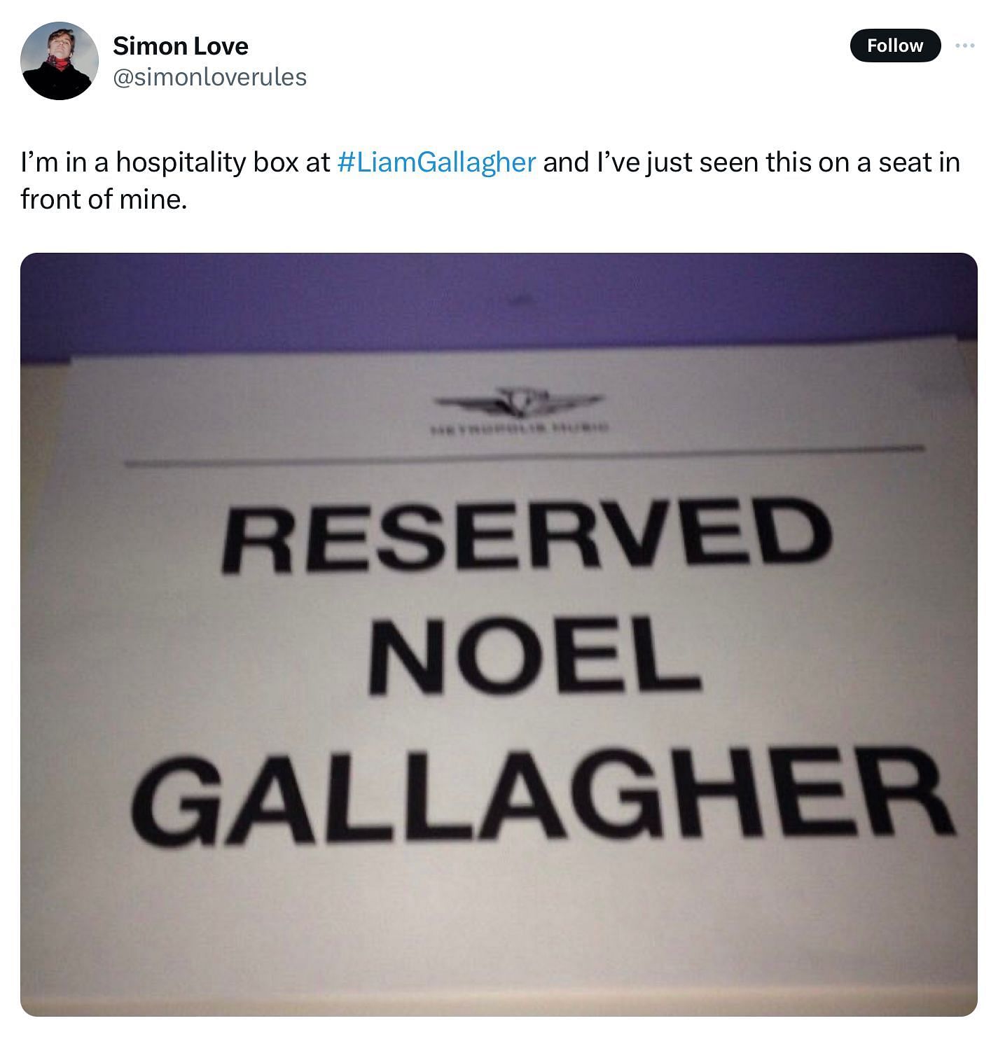 Simon Love&#039;s tweet about Liam Gallagher (Image via @simonloverules/X)
