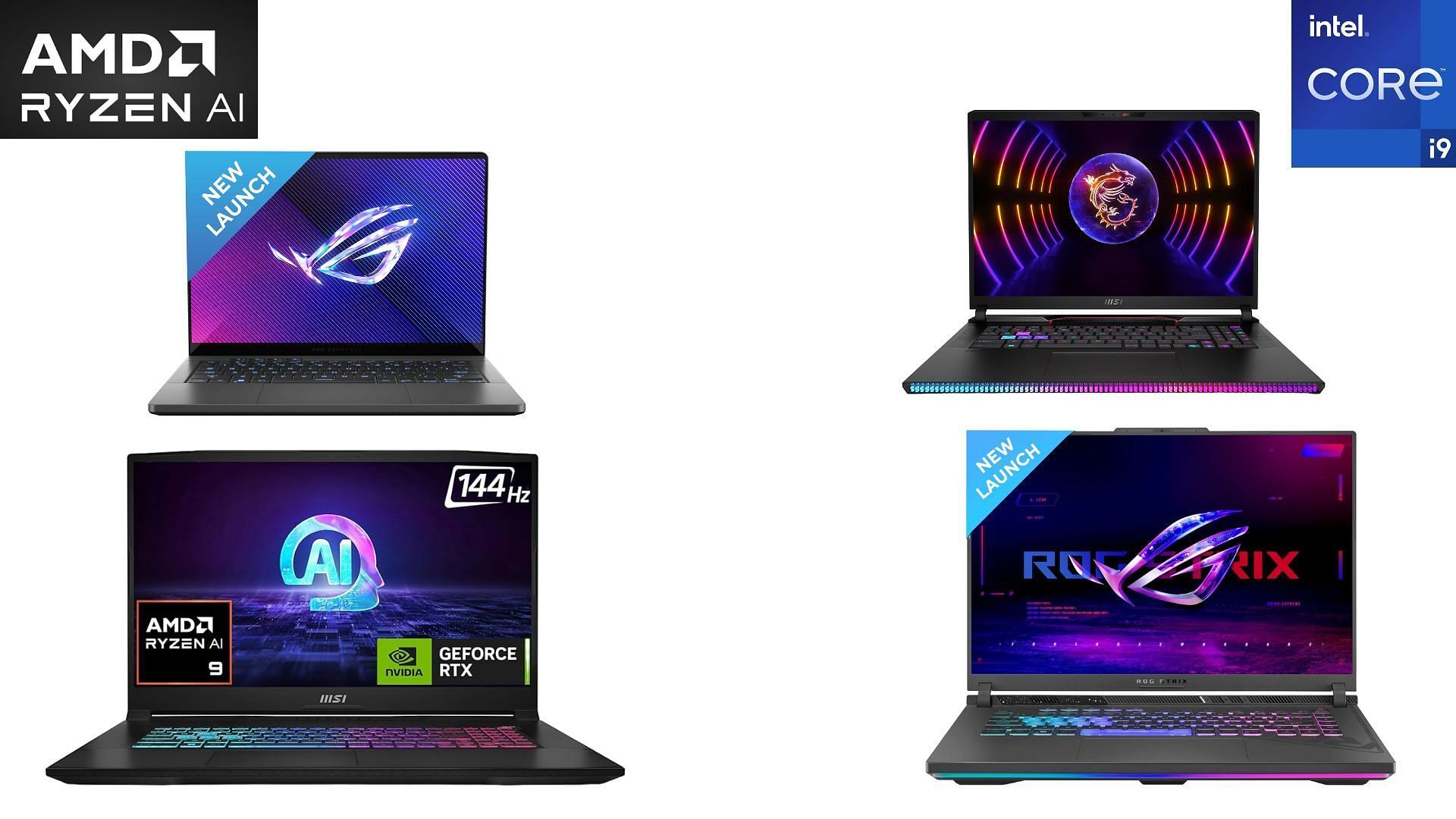 Laptops that feature the Ryzen 9 and Intel i9 CPUs (Image via Asus, MSI)