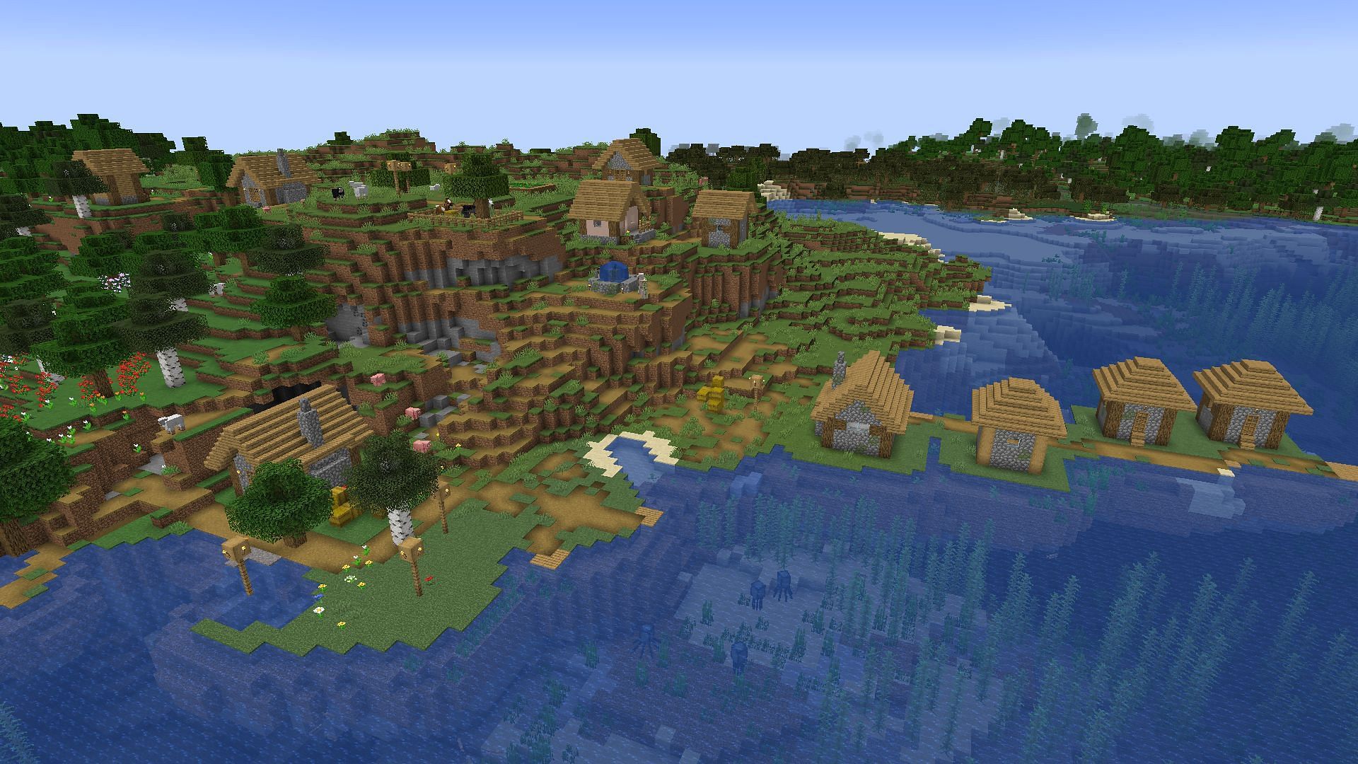 The spawn village found on the seed (Image via Mojang)