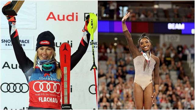 Mikaela Shiffrin reacts as Simone Biles starts her U.S. Gymnastics ...