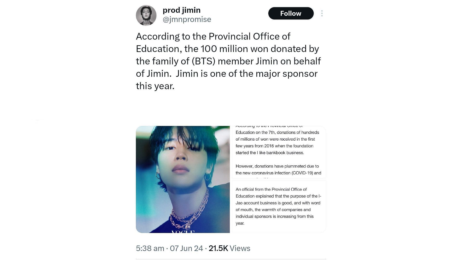 Jimin donated 100 million KRW to Gyeongnam Future Education Foundation (Images Via X/@jmnpromise)