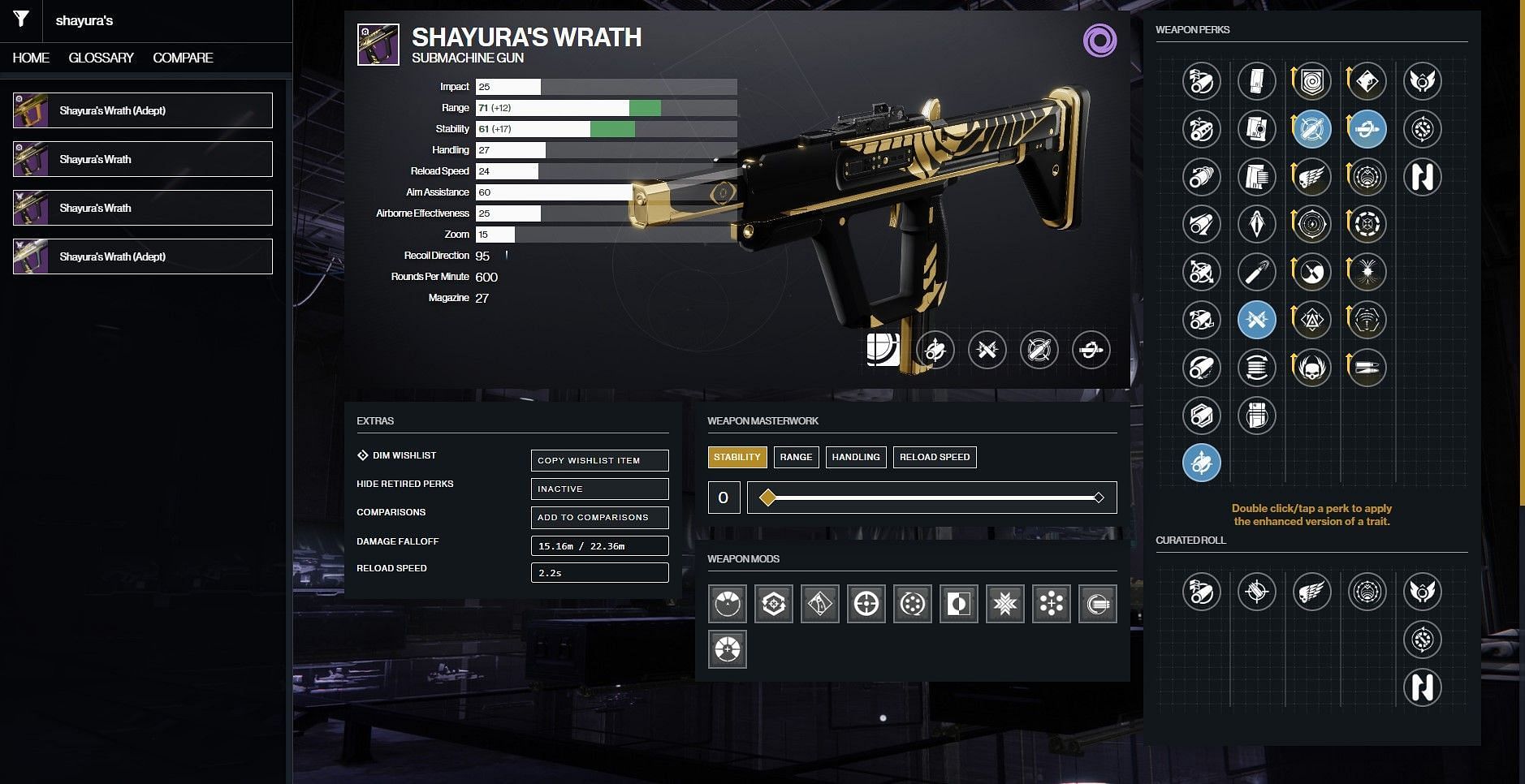 Shayura&#039;s Wrath PvP god roll (Image via D2Gunsmith)