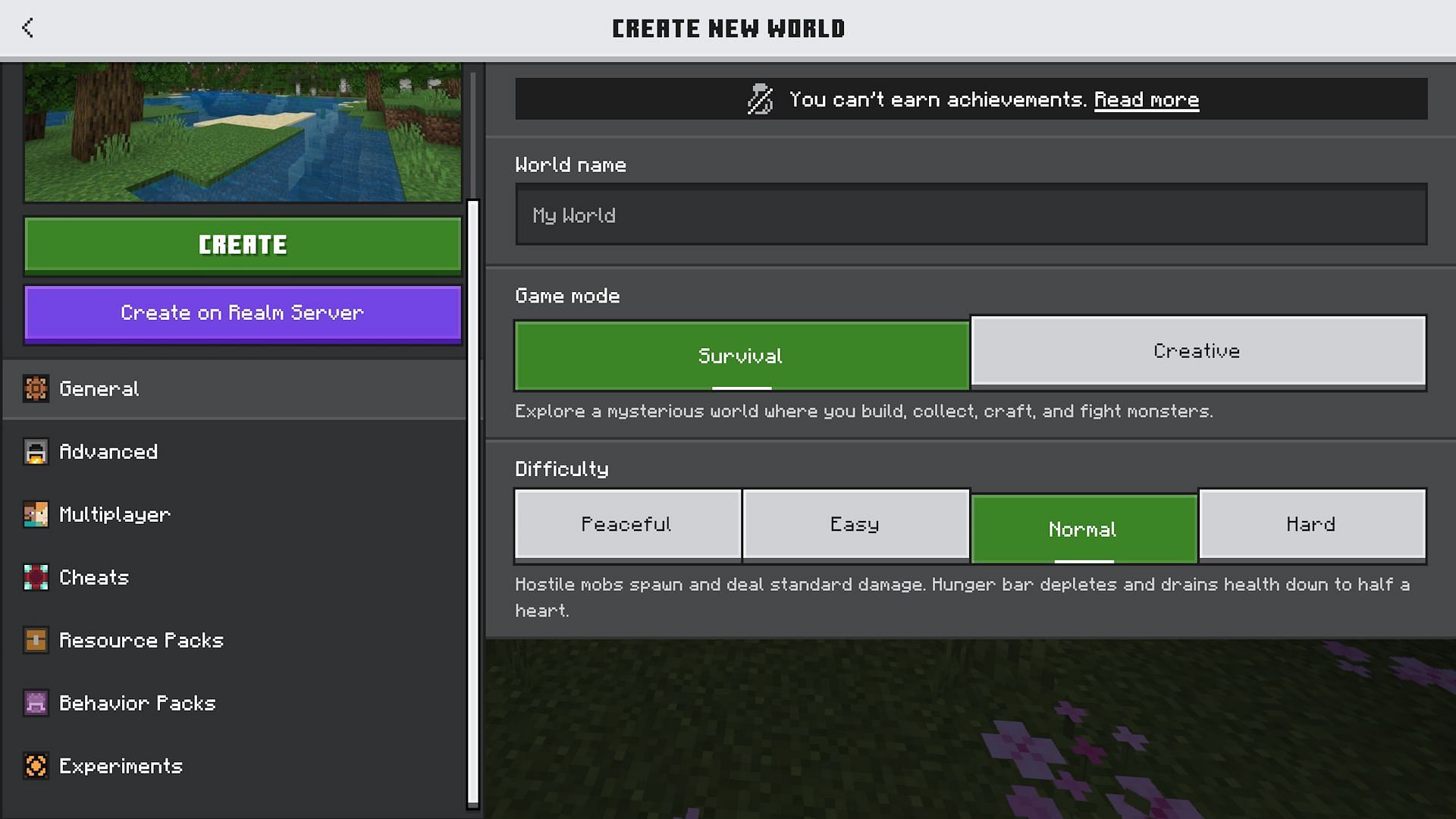 Bedrock&#039;s world creation screen (Image via Mojang)