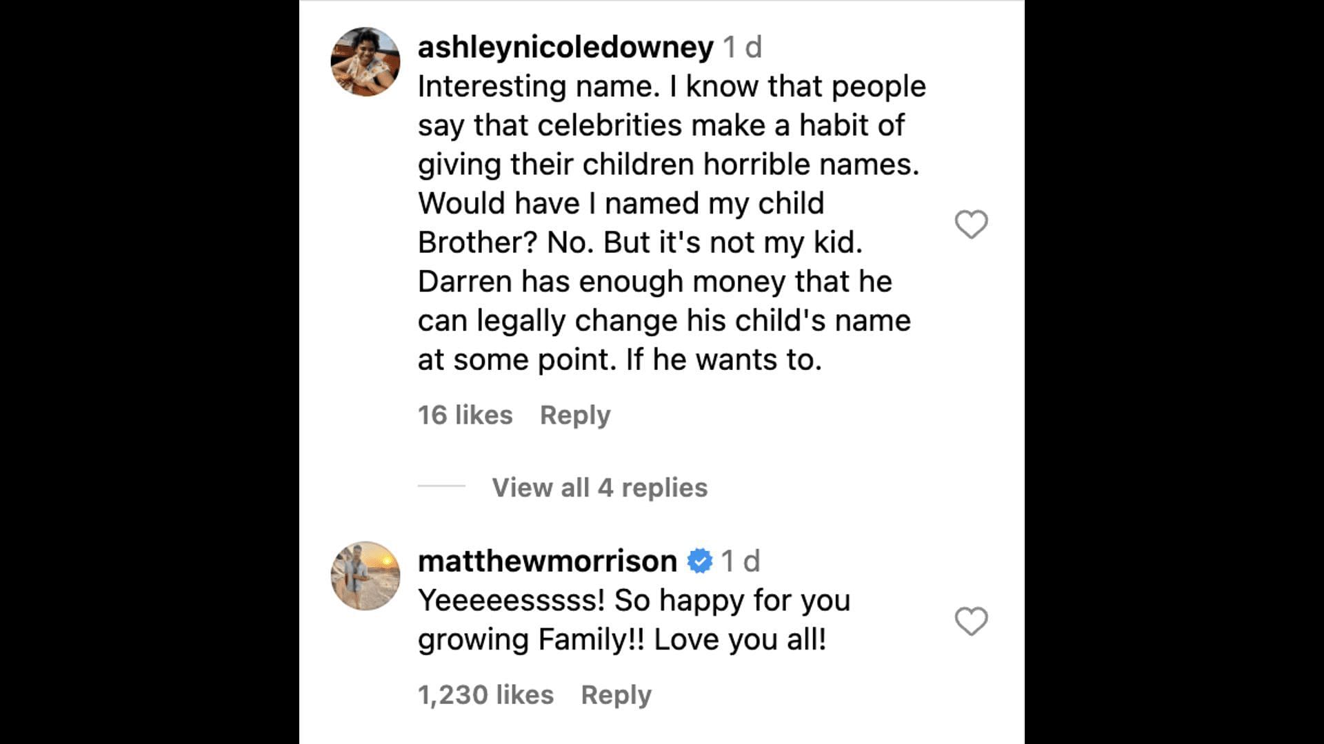 Social media users react to Darren&#039;s newborn son&#039;s name, as he stated that his first name is &quot;Brother.&quot; (Image via @DarrenCriss/ Instagram)