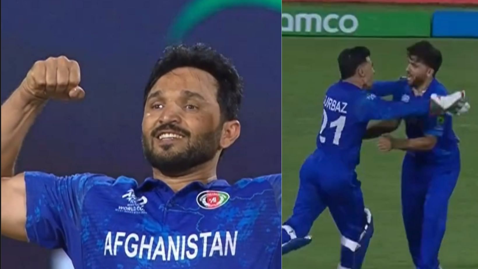 Gulbadin Naib (L) celebrating Marcus Stoinis