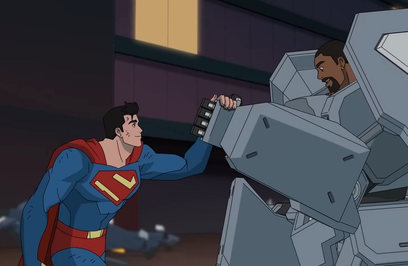 Superman and Steel in My Adventures with Superman Season 2 episode 3 (Image via Adult Swim UK, Superman and Dr. Irons, 02:12)