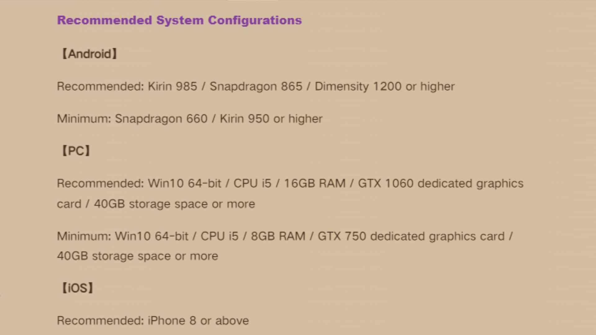 Minimum and recommended system requirements for Android, iOS, and PC devices. (Image via Level Infinite)
