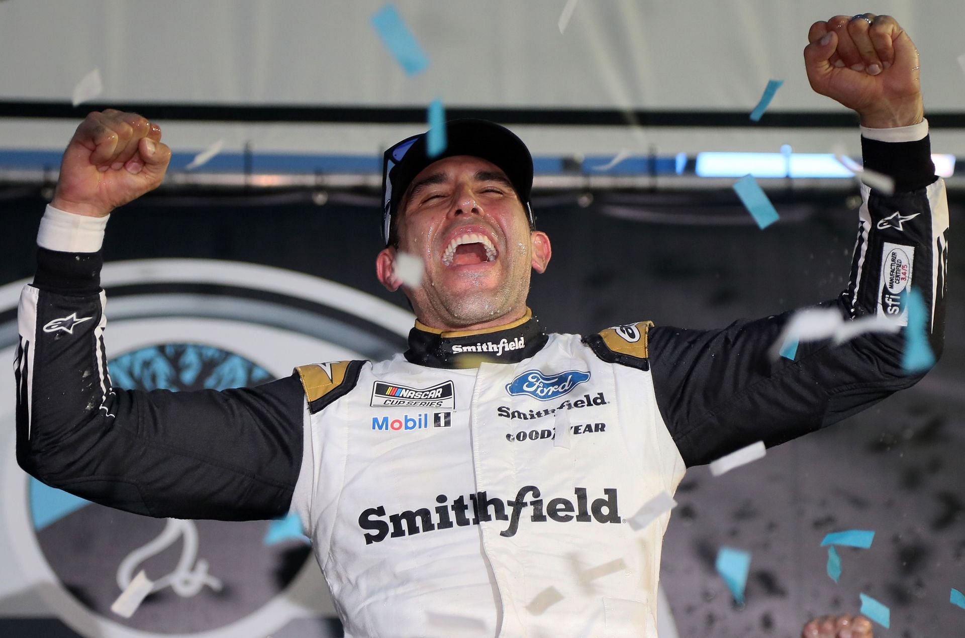 Aric Almirola celebrates in victory lane after winning the NASCAR Cup Series Foxwoods Resort Casino 30. Courtesy: Getty