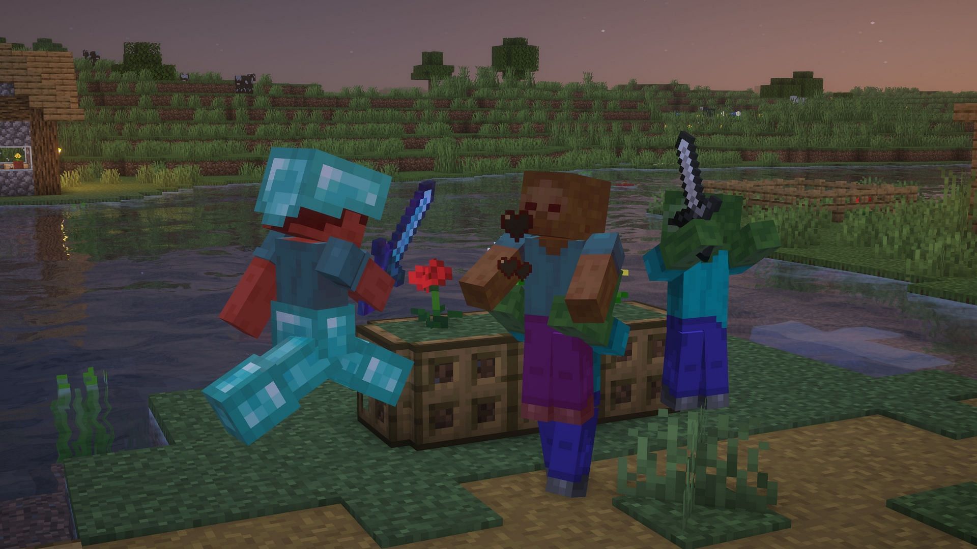 Minecraft player fighting mobs with an enchanted sword (Image via Mojang)