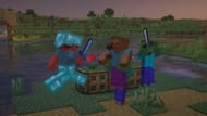 Minecraft player fighting mobs with an enchanted sword (Image via Mojang)