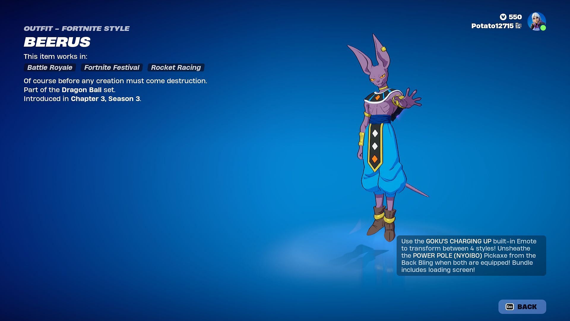 Son Goku and Beerus (Dragon Ball) skin in Fortnite will be listed until June 13, 2024 (Image via Epic Games)